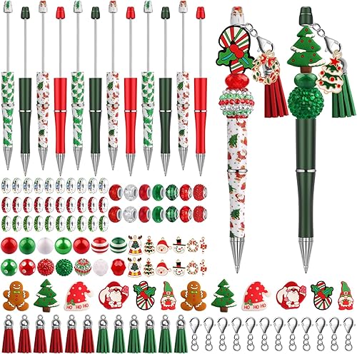 Kalolary 12 bolígrafos acrílicos de Navidad, bolígrafos de cuentas de Navidad con cuentas de silicona multicolor, bolígrafos de cuentas de pan de