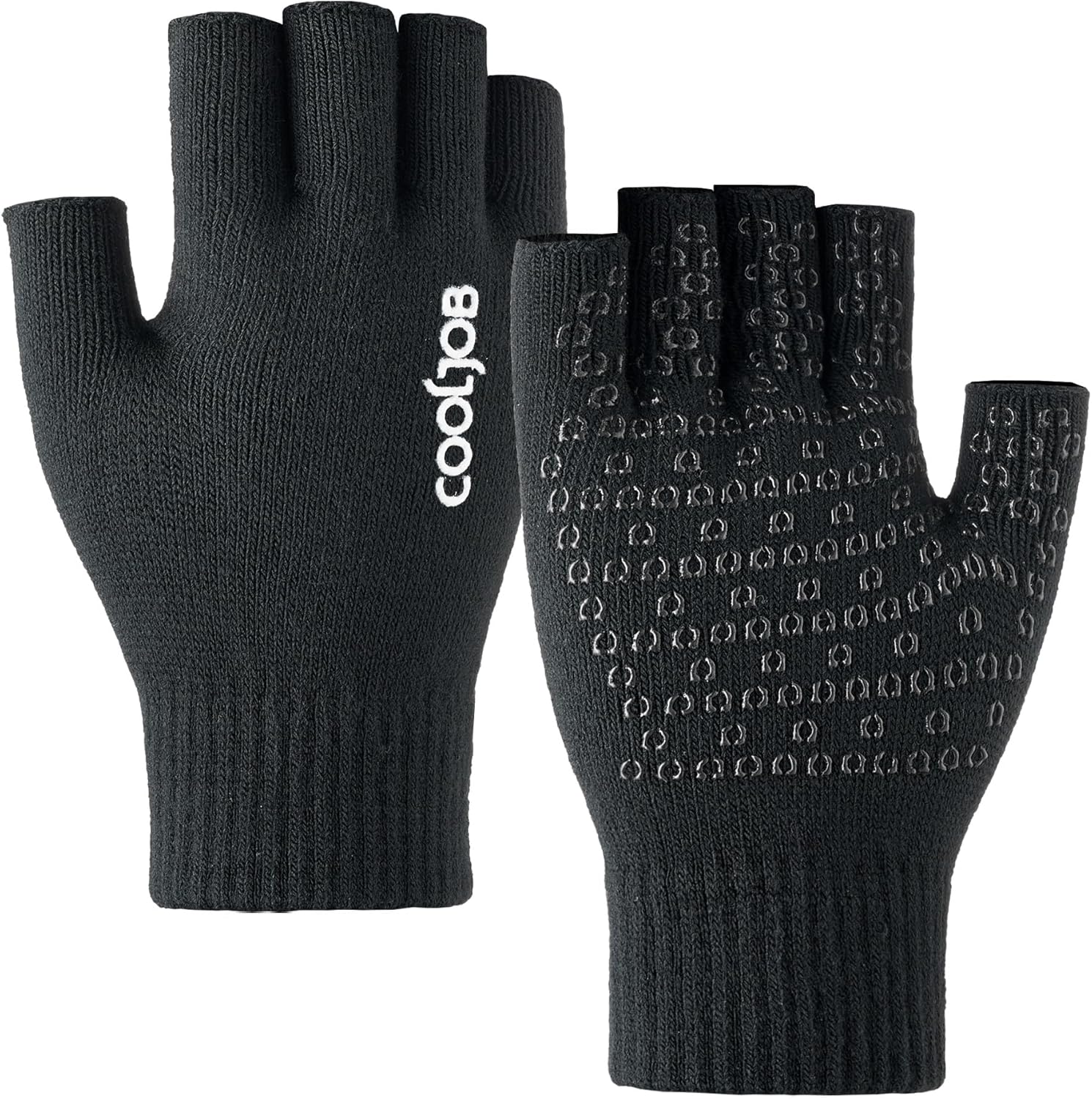 COOLJOB 2 Pairs Warm Knit Fingerless Winter Gloves with Non-slip Silicone Grip, Half Finger Stretchy Mittens for Men Women
