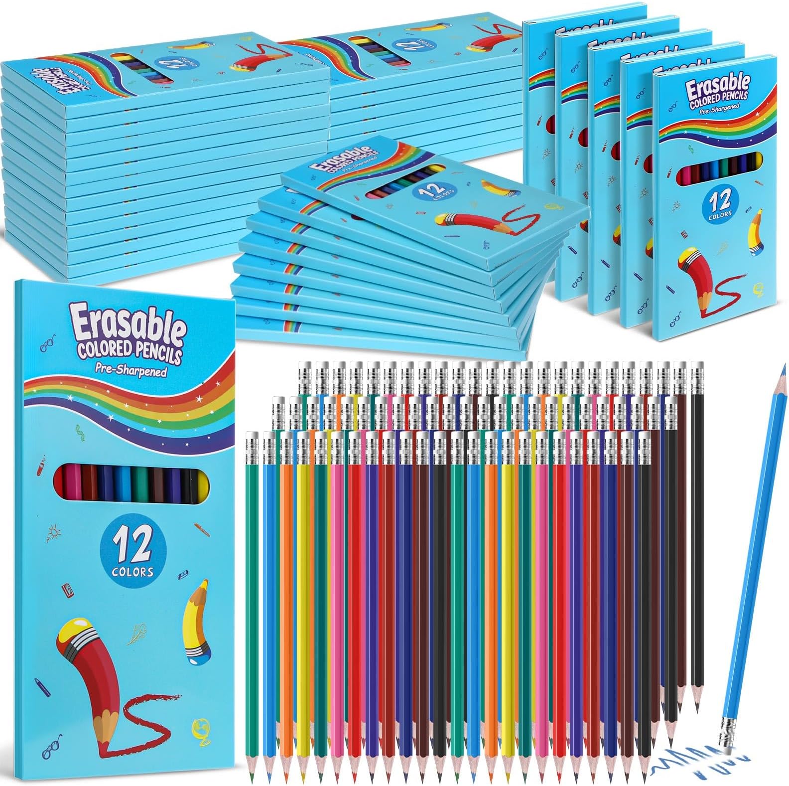 32 Sets 384 Pack Erasable Colored Pencils 12 Colors Pencils Smooth Colors with Erasers for Drawing Sketching Coloring Books Adults Artists School Coloring Supplies