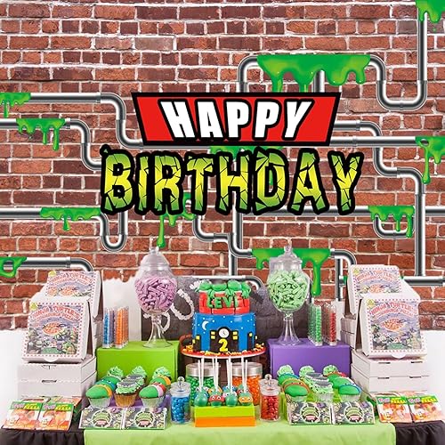 Miniatura 4 de Telón de fondo de fiesta de tortuga ninja de dibujos animados, pancarta de pared de ladrillo rojo de tubería de agua, suministros de fiesta de