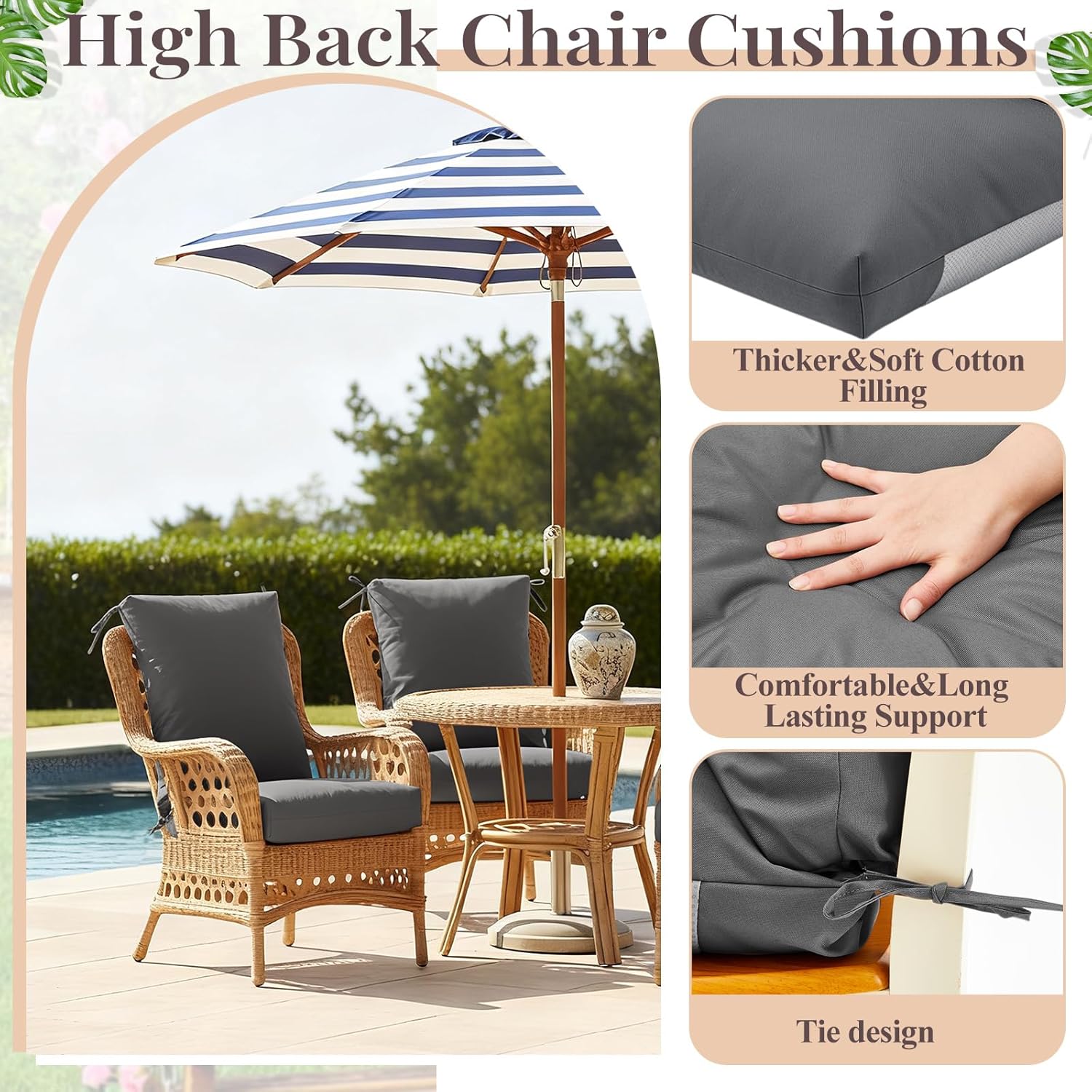 Geelin 4 Pack High Back Patio Chair Cushions for Outdoor, 44 x 21 x 5 Inch Tufted Seat and Back Pads with Ties, Thick Weather Resistant Cushions for Outdoor Furniture (Dark Gray)