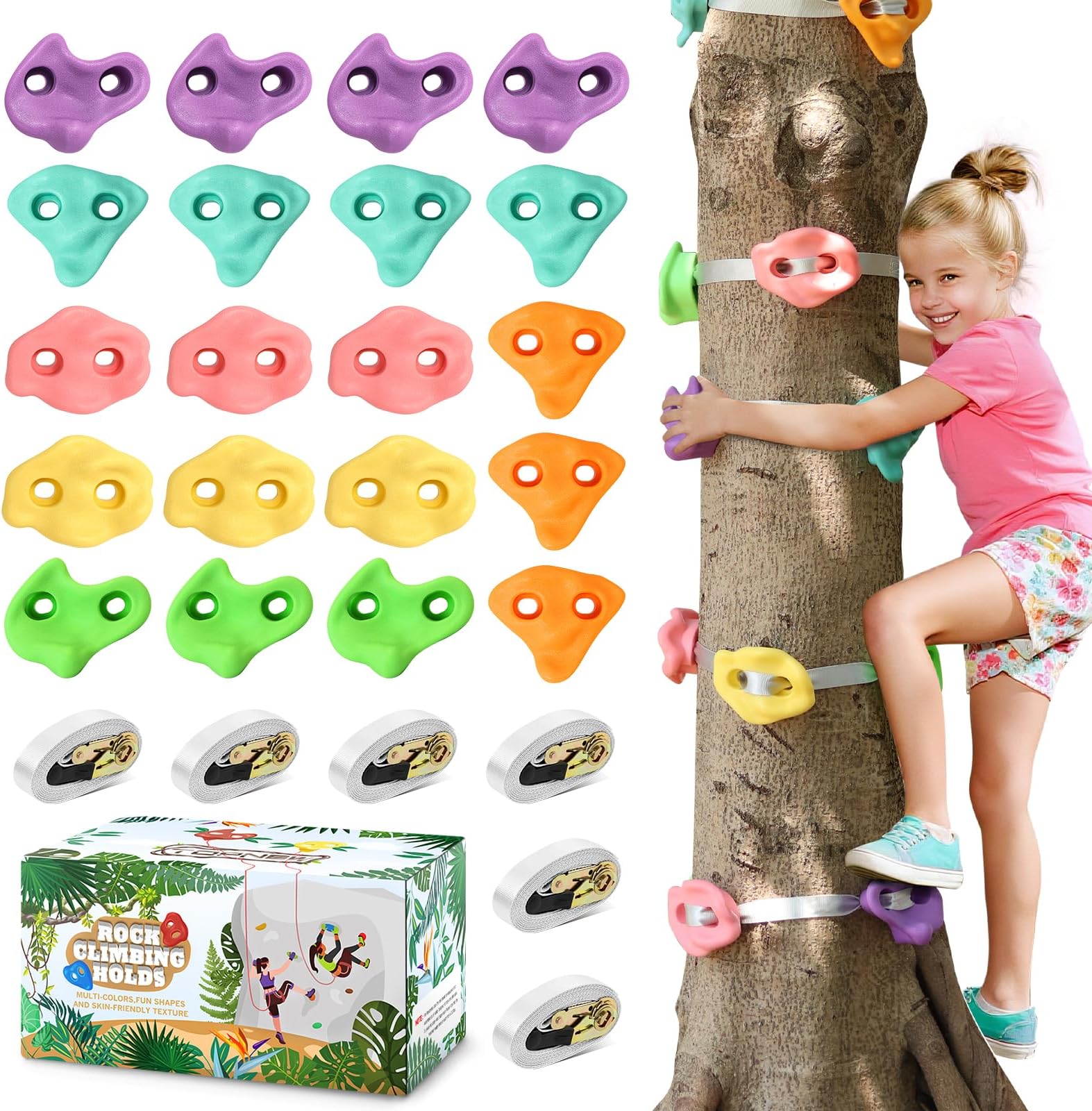 TOPNEW 20 Ninja Tree Climbing Holds for Kids Climber, Adult Climbing Rocks with 6 Ratchet Straps for Outdoor Ninja Warrior Obstacle Course Training, Soft Color