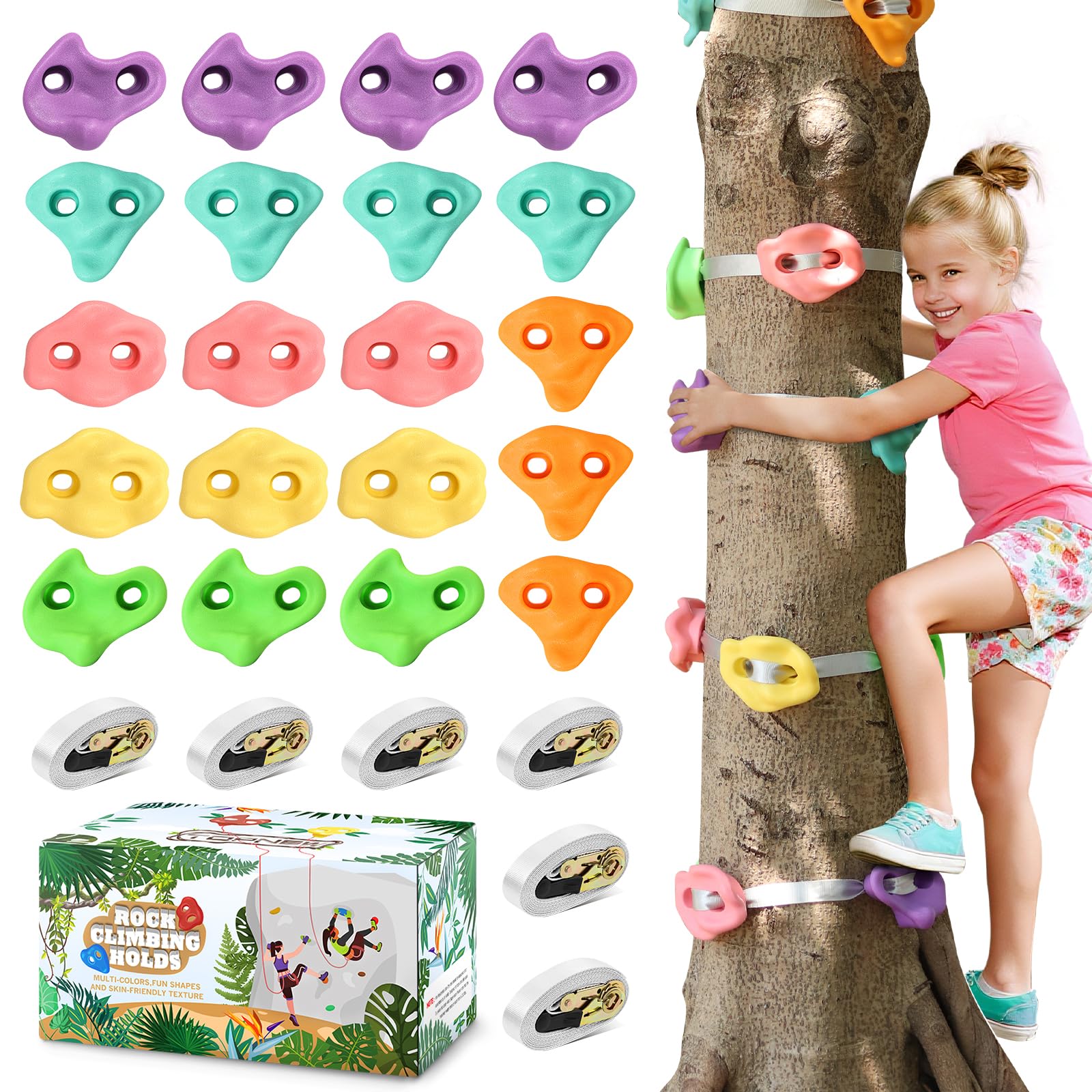 TOPNEW 20 Ninja Tree Climbing Holds for Kids Climber, Adult Climbing Rocks with 6 Ratchet Straps for Outdoor Ninja Warrior Obstacle Course Training, Soft Color