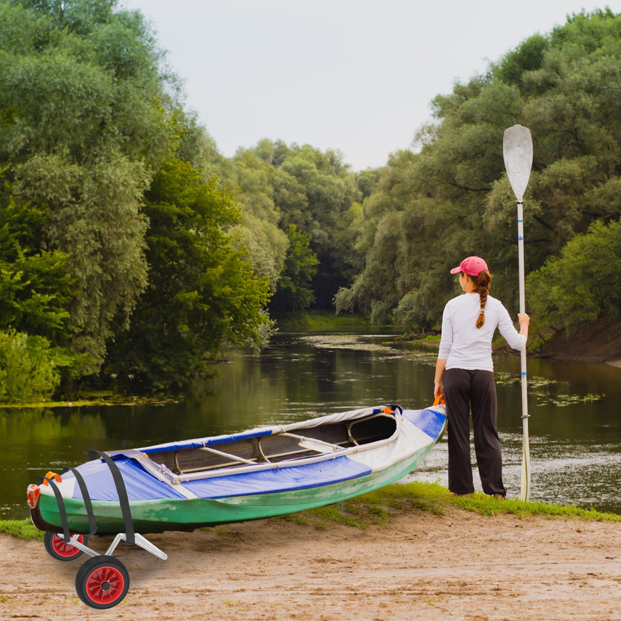 AufuN Kajakwagen bis 100KG, Faltbarer Alu Bootswagen Kanuwagen Transportwagen mit 2 PU-Räder & Spannriemen Surfwagen Bootstrailer für Schlauchboot Kanu Kaja, Paddleboards, Jon-Booten