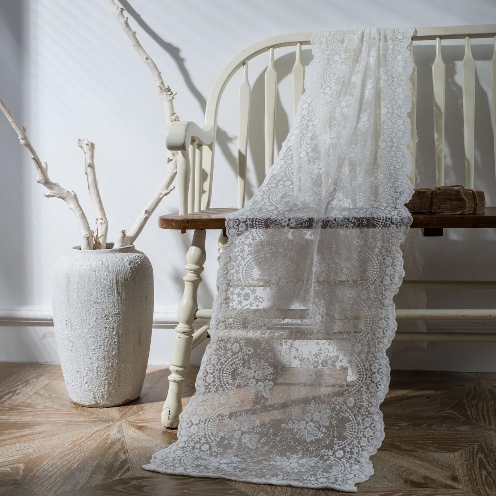 Weiß Tischläufer Polyester, Moderne Tischläufer Abwaschbar Tischband Einfarbig Spitze Bestickt Blumen Muster Tischdecke für Küche Esstisch Hochzeit Tabletop Dekor, 40x260 cm, Weiß