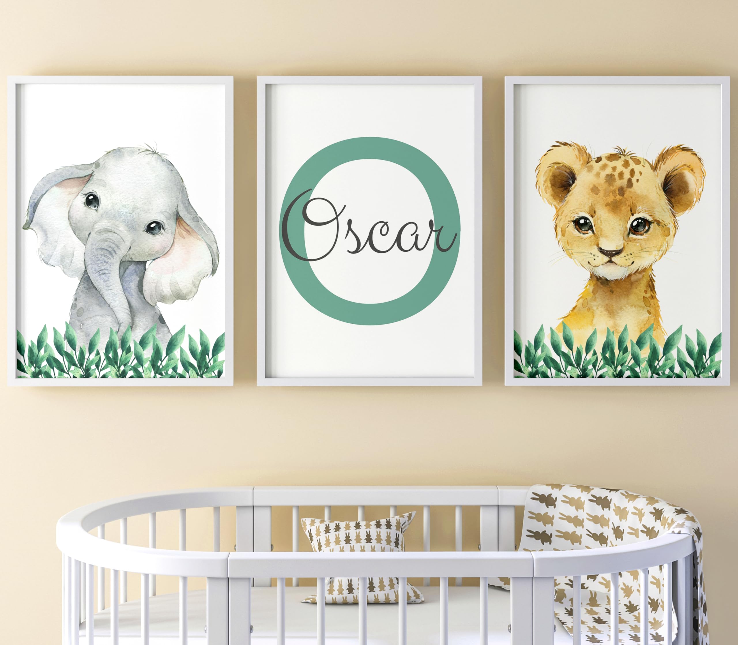 Safari Jungle Animals Baby Boy or Girl Nursery Bedroom Prints Set of 3, Personalised Name Nursery Wall Art Decor Gift Present Green Leaves (A4) โ image 1