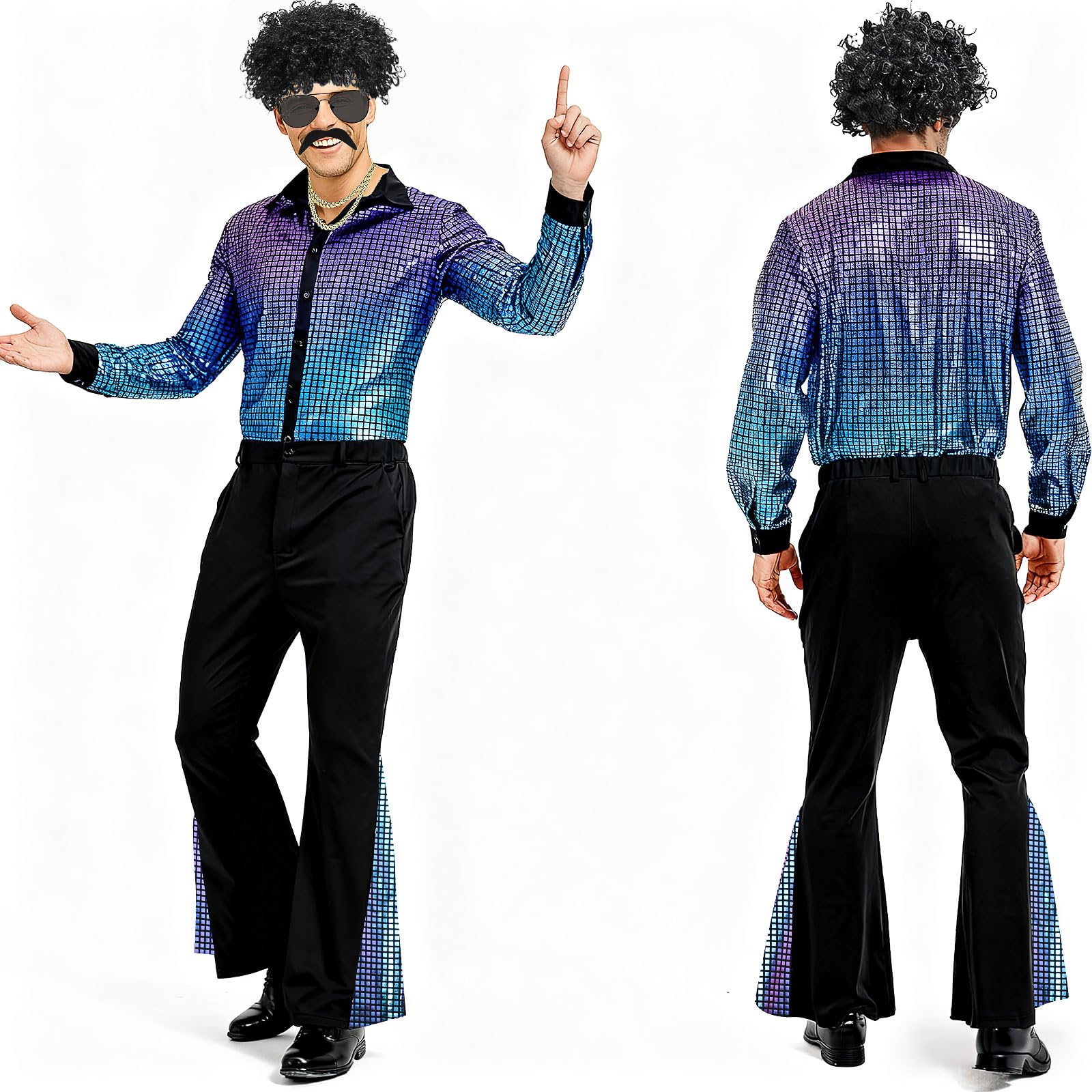 Malloom 70s Disco Outfit for Men 60s Costume with Retro Shirt Bell Bottom Pants Wig Necklace Sunglasses Mustache (M) - Image 2