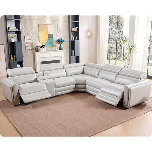 AMERLIFE Power Recliner Sofa, 129 Inch Oversized Reclining Sofa with Console & Speaker, 5 Seats L Shaped Sectional Couch for Living Room, Light Grey Leather