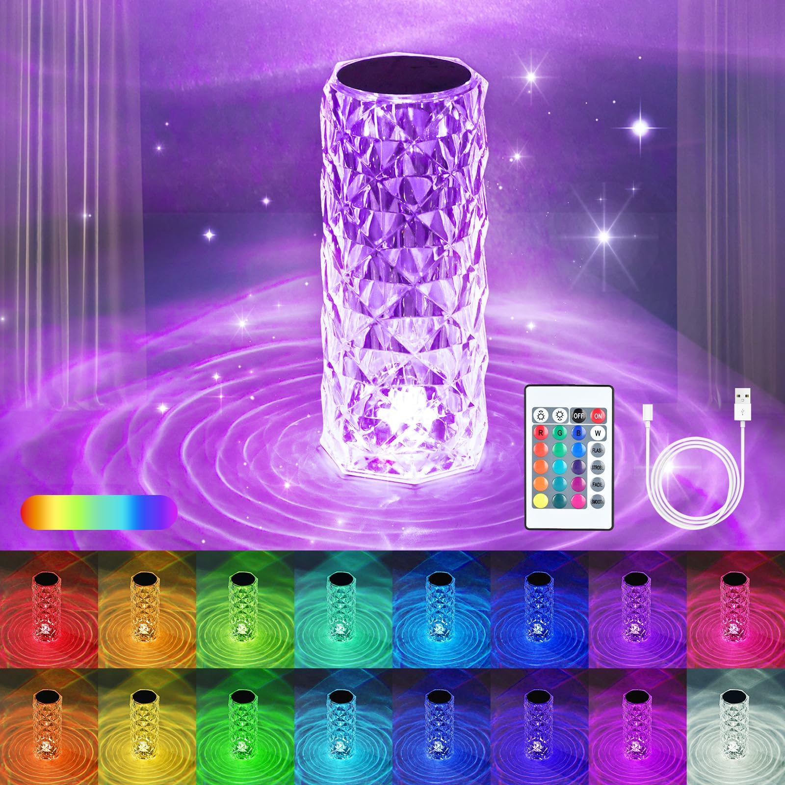 Crystal Table Lamp, 16 Color Changing Rose Diamond Table Lamp, RGB