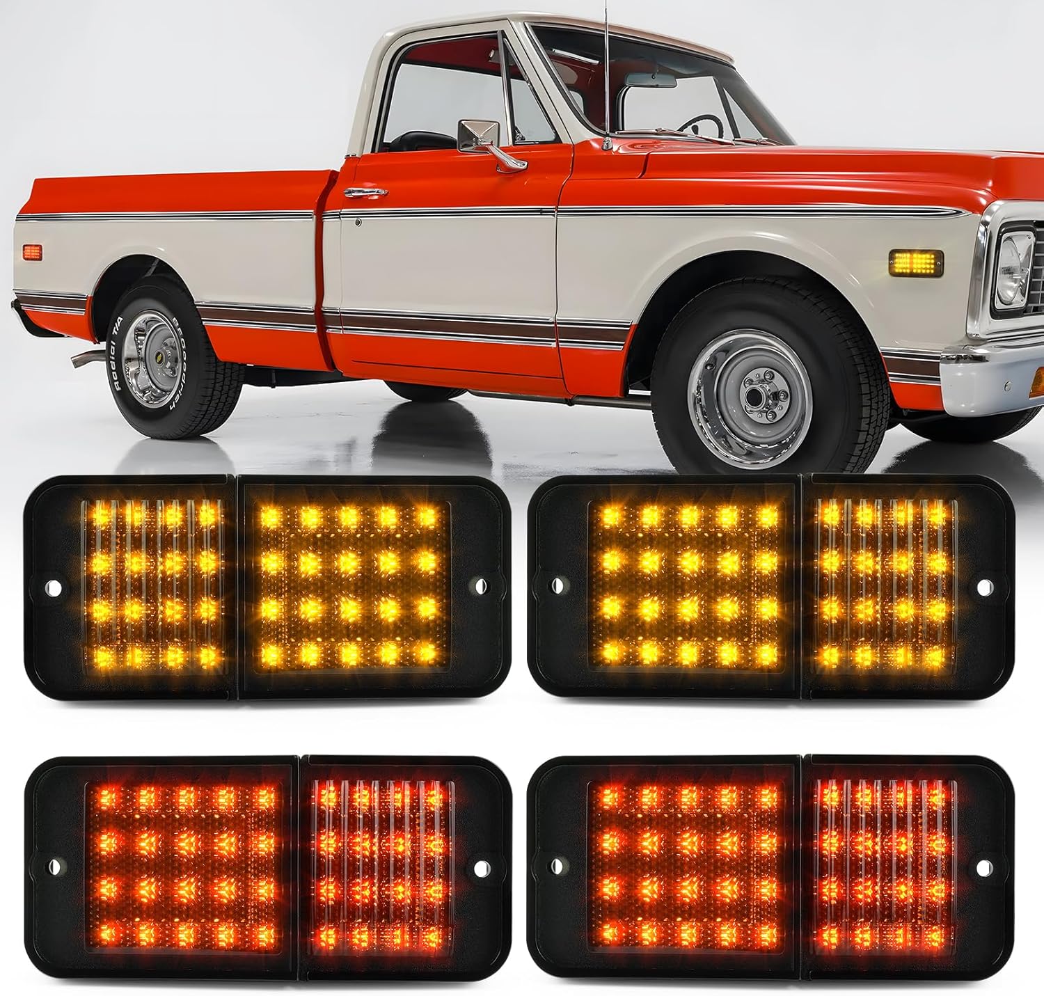 litzland LED Bumper Side Marker Lights for Chevy C10 & GMC Pickup Trucks C15 C25 C35 1968-1972 Amber Front & Red Rear Bumper Lamps, Smoked Lens 4PCS