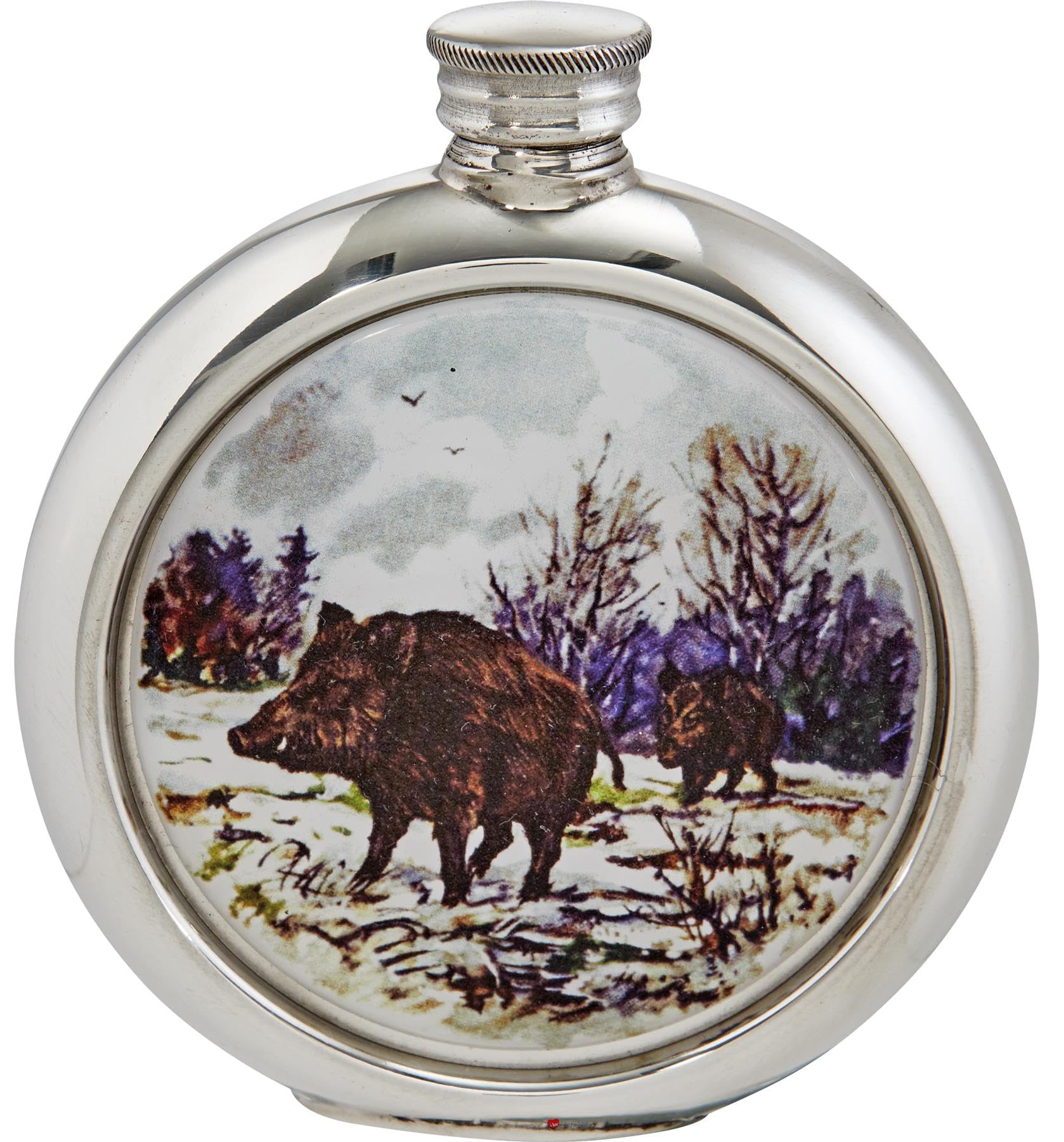 Flasque ronde 6 oz étain sanglier pour vos randonnées, chasses et sorties en pleine nature