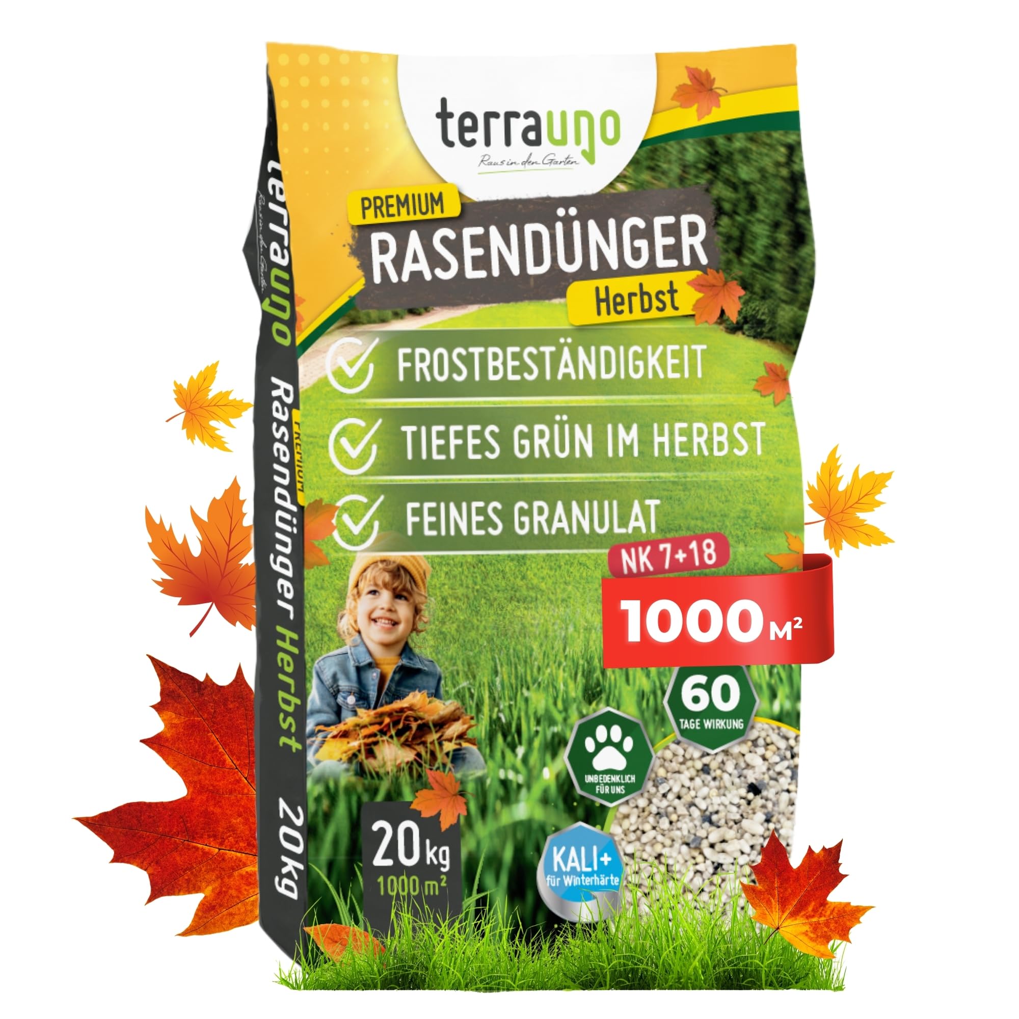TerraUno Premium Herbstdünger Rasen, gesunder Rasen verdrängt Moos & Unkraut, Rasendünger Herbst mit 60 Tage Langzeitwirkung, 20 kg für 1000 m², Herbstrasendünger, Sofortwirkung, extra starkes Grün