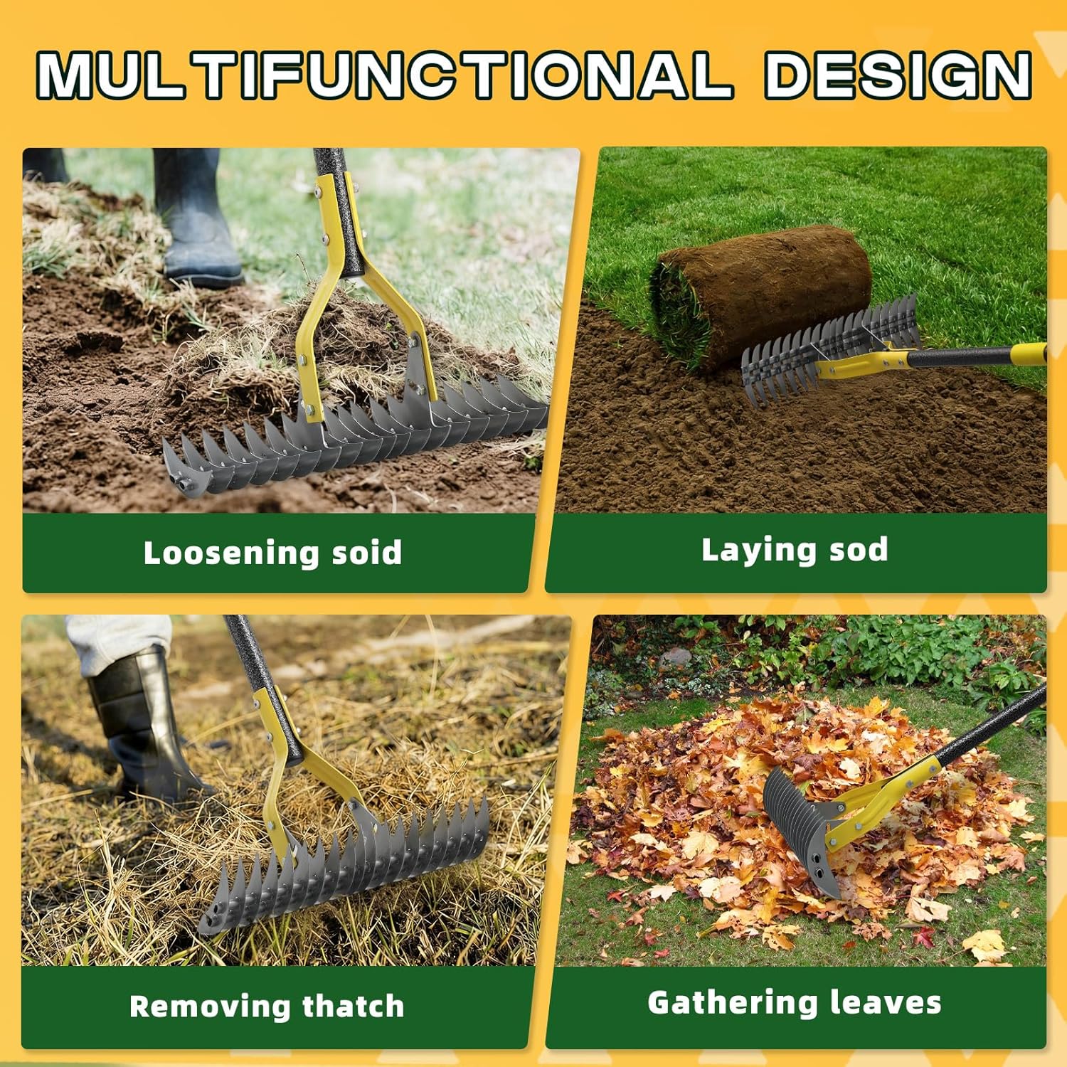 Dual-Action Dethatcher Rake - 19-Tine, Heavy Duty Landscaping Rake, Adjustable Thatch Rake with 40-70 inch, Metal Rake, Turf Rake for Artificial Grass, Cleaning Dead Grass, Soil Loosening & Yard Care