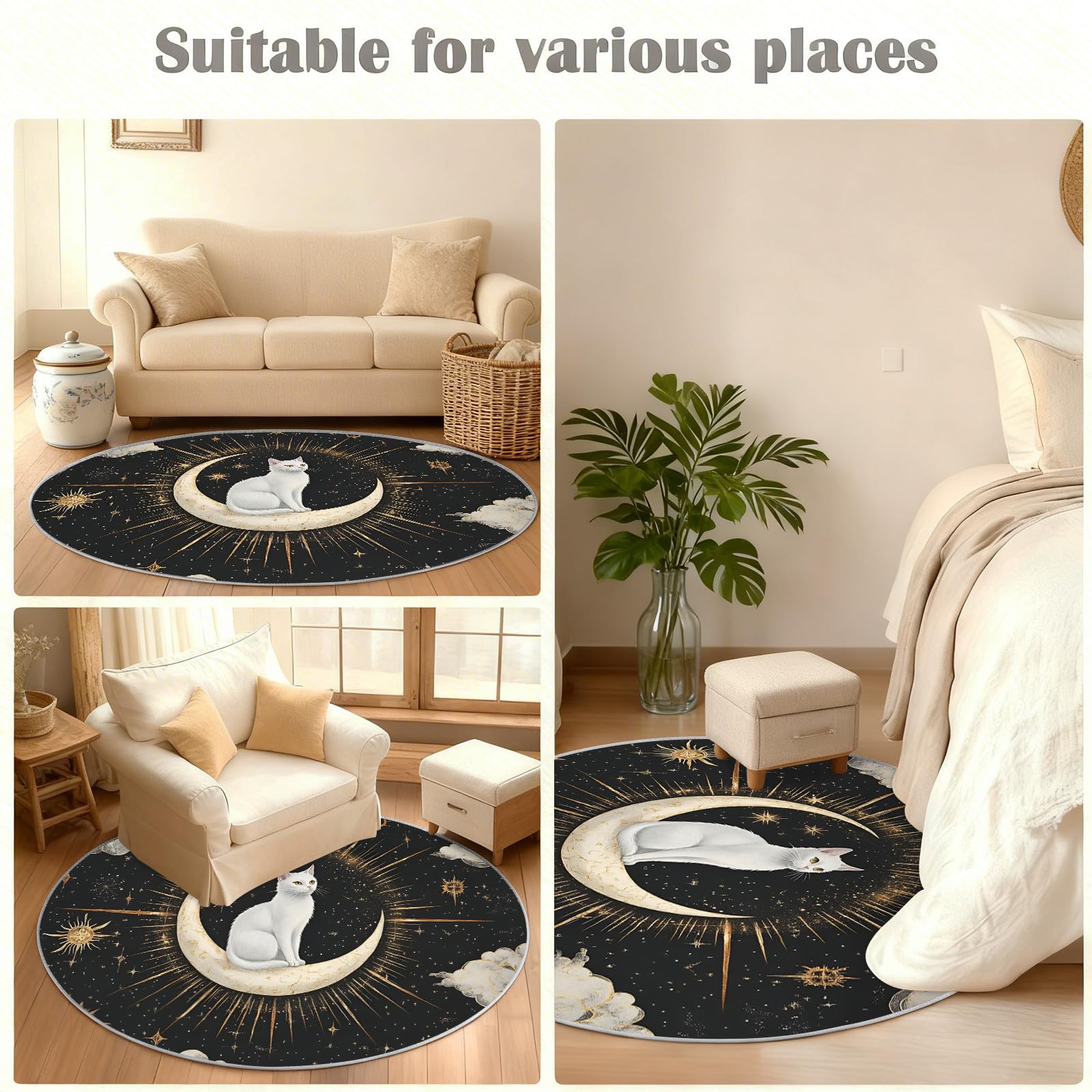 Générique Tapis Rond bohème de 120 cm, Motif Chat Lune, pour Chambre à Coucher, Salon, Bureau, Table Basse, décoration d'intérieur