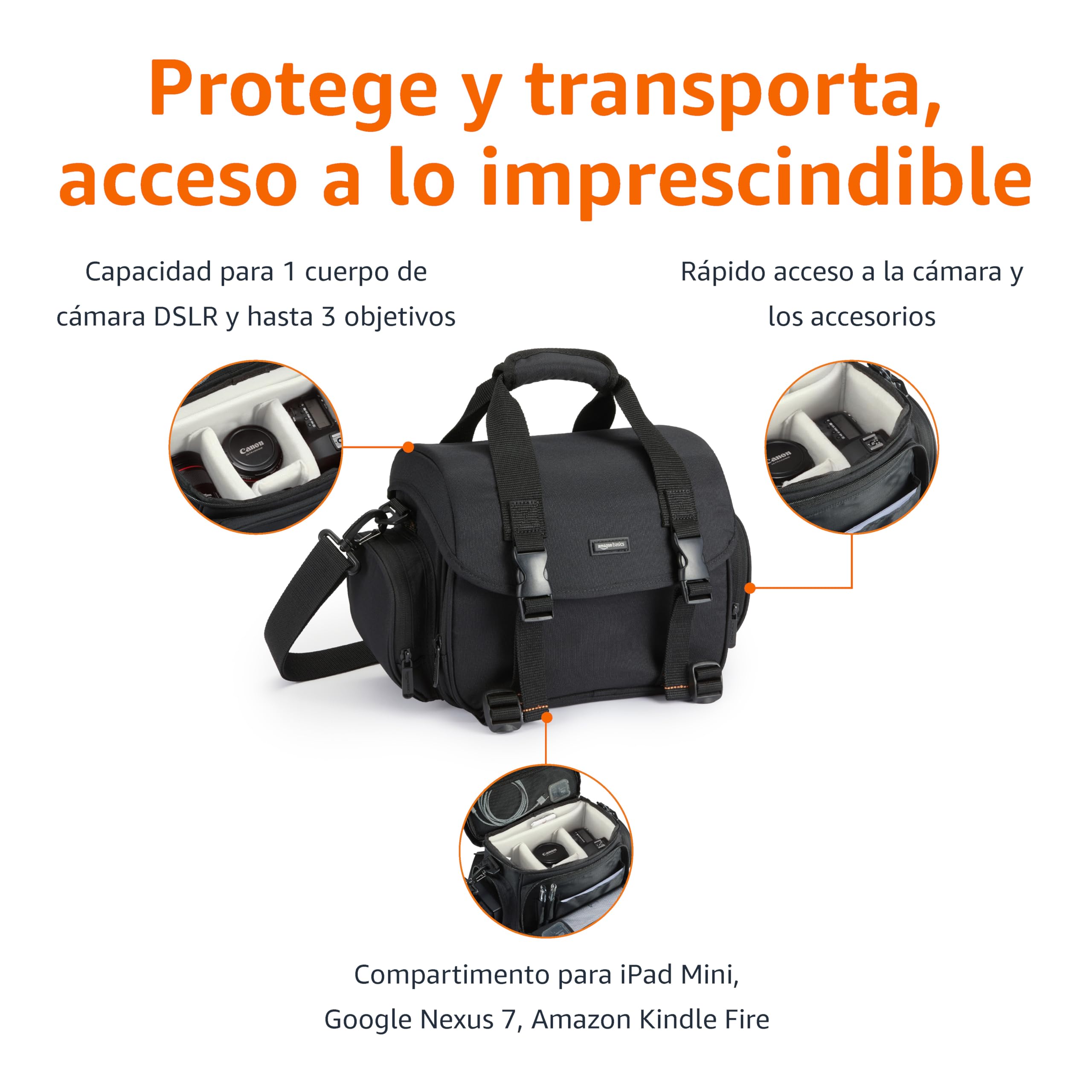 Amazon Basics Bolsa de Hombro para Cámara SLR y Accesorios, Grande, Correa Ajustable, Impermeable, Antichoque, Sólido, Acolchado - Negro/Gris