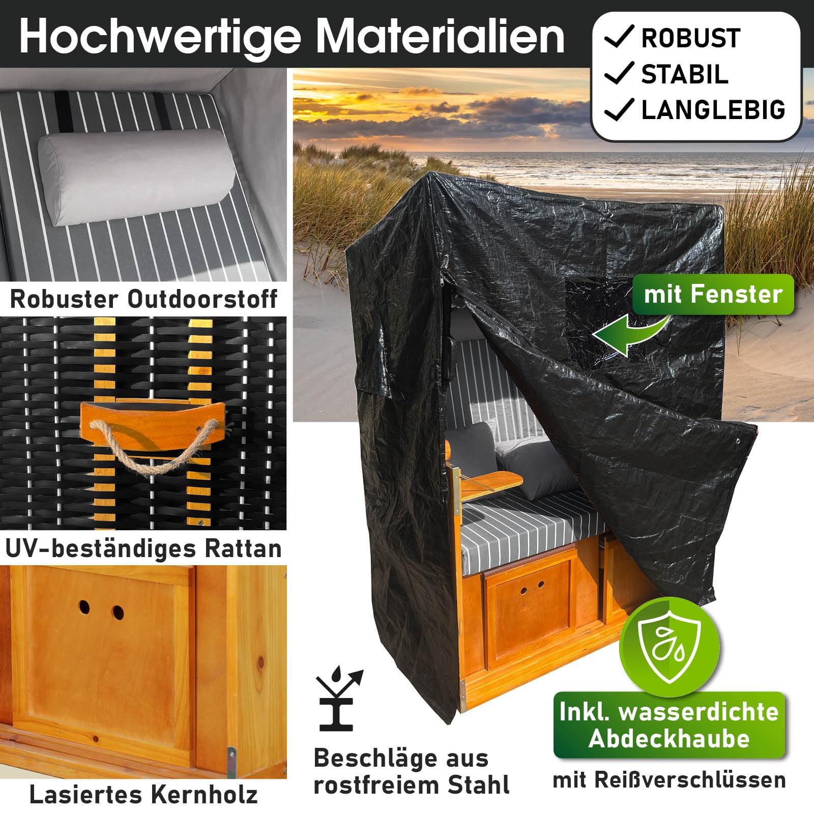 BRAST Strandkorb Rügen Deluxe | für 2 Personen | 120cm breit | 5 Designs | inkl. wetterfeste Abdeckhaube | verstellbare Rückenlehne weiches Fußkissen | Anthrazit/Weiß - Nadelstreifen
