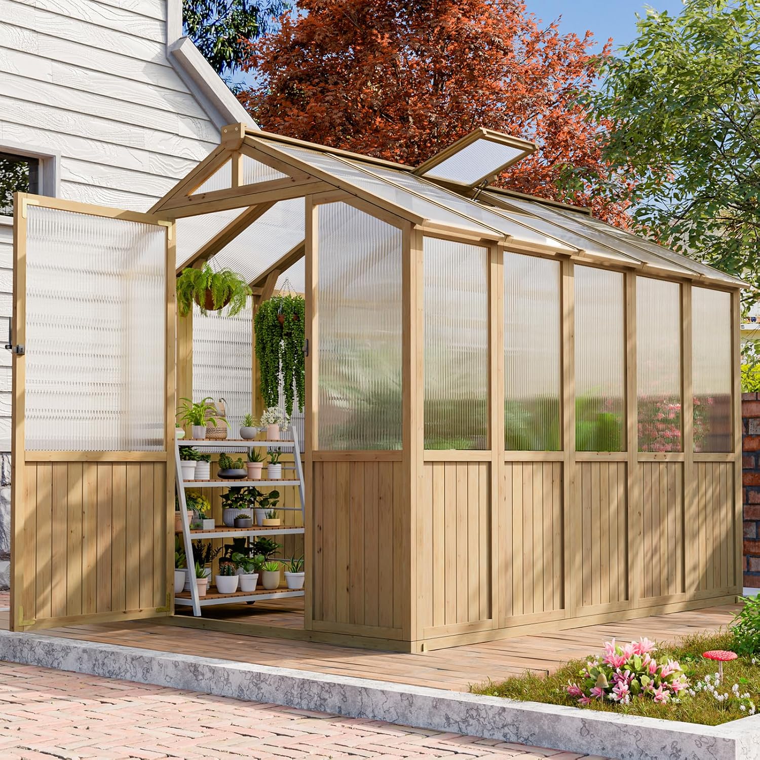 CDCASA 8x6 FT Wooden Greenhouse for Outdoor, Easy Assembly Solid Cedar Frame w/ Polycarbonate Heavy Duty Greenhouses, Outside Garden Walk-in Green House Kit, Adjustable Roof Vent & Lockable Door