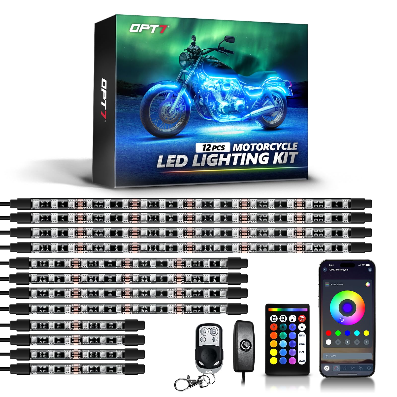 Motorcycle with purple underglow lights and various control options including app and remotes