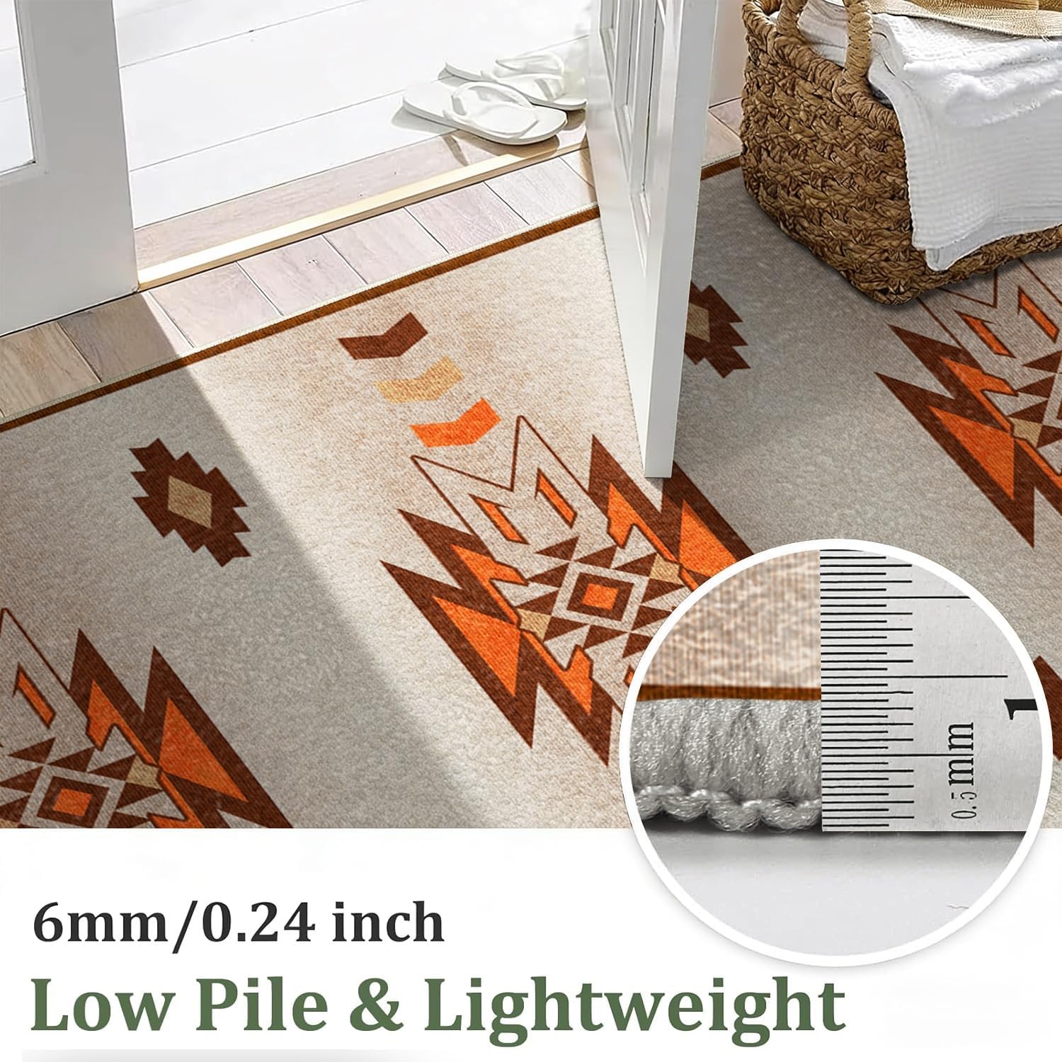 Washable Western Runner Rug,1.3x7ft,Southwest Aztec Native American Rug,Rustic Tribal Farmhouse Rugs, for Kitchen Hallway Entryway Western Decor Mat，Beige Terracotta Orange Non Slip Carpet