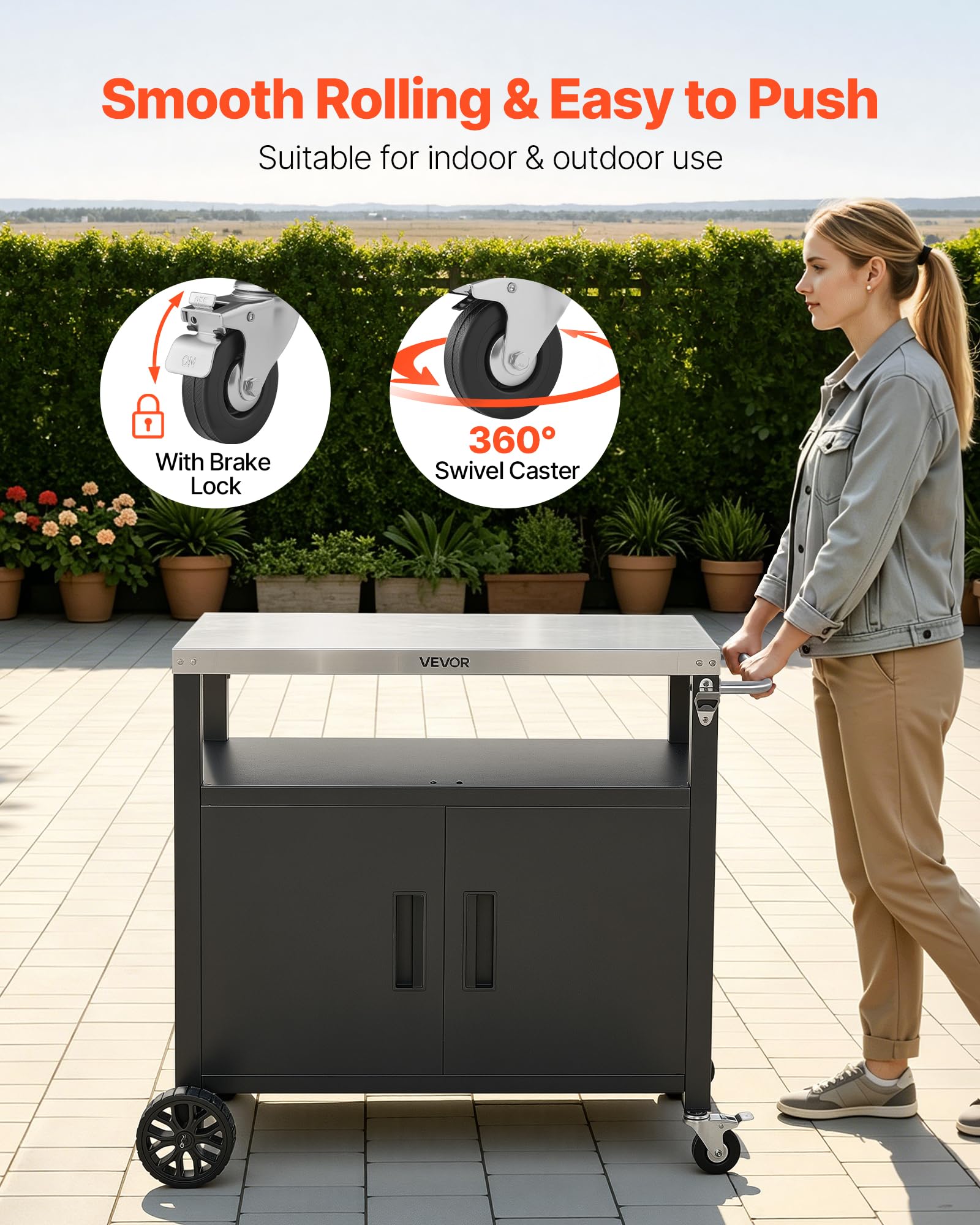 VEVOR Desserte Plancha Extérieure 92,4 cm, Chariot de Barbecue avec Plateau en INOX et Placard, pour BBQ Jardin Terrasse, Plan de Travail Mobile pour Cuisine d'Été, Table de Barbecue avec roulettes