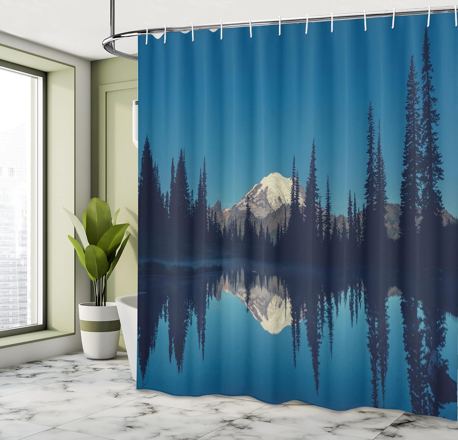 Ambesonne National Parks Shower Curtain, Mountain Night Mystic Hiking Climbing Calm Washington Countryside Rustic, Cloth Fabric Bathroom Decor Set with Hooks, 69" W x 70" L, Dark Blue