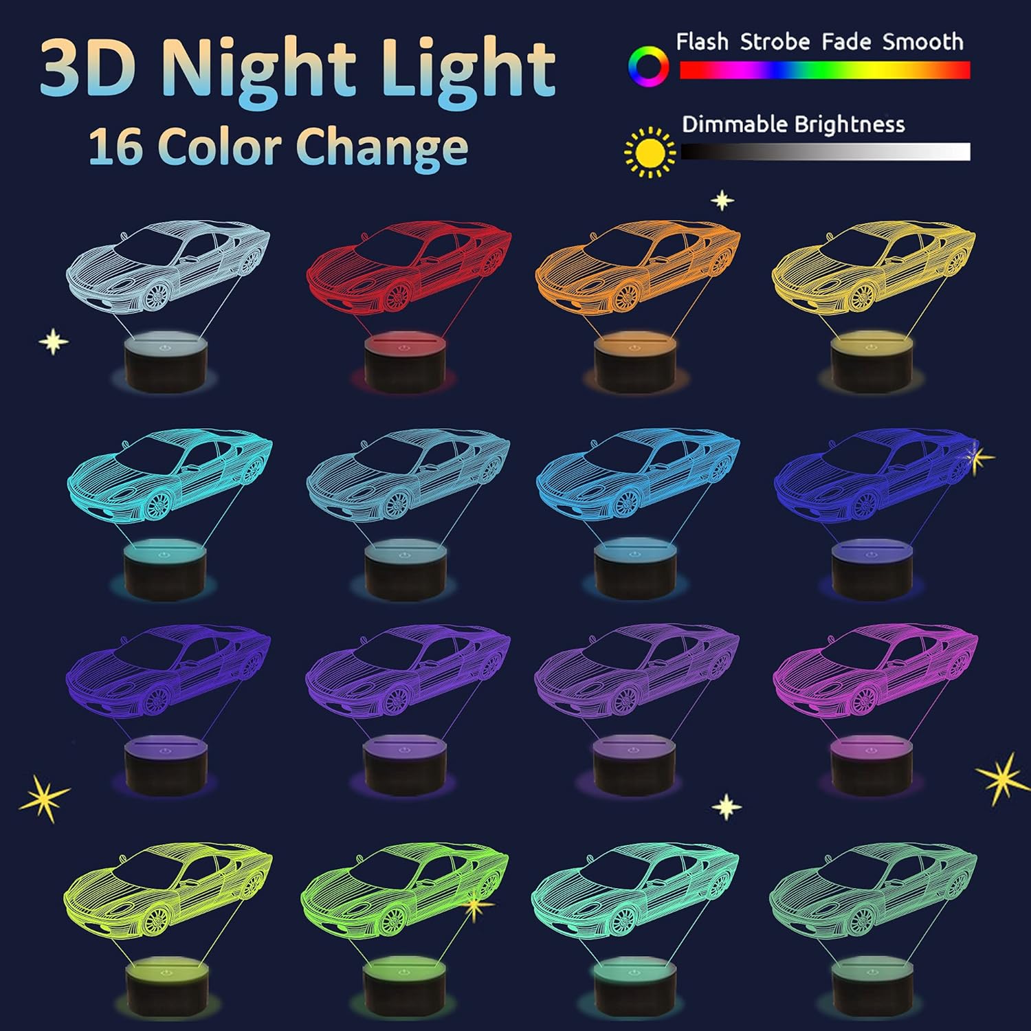 Car 3D Gifts Lamp, Attivolife Rally Vehicles Illusion Optical Night Light 16 Colors Changing with Remote Control, Kids Bedroom Decor Birthday Gift Present for Sports Racing Lover Children Boy Men