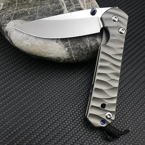 Miniatura 3 de Cuchillo de bolsillo plegable ECD de 6.7 pulgadas, cuchillo plegable de acero de damasco, bloqueo de marco, asas de titanio TC4 con clip de