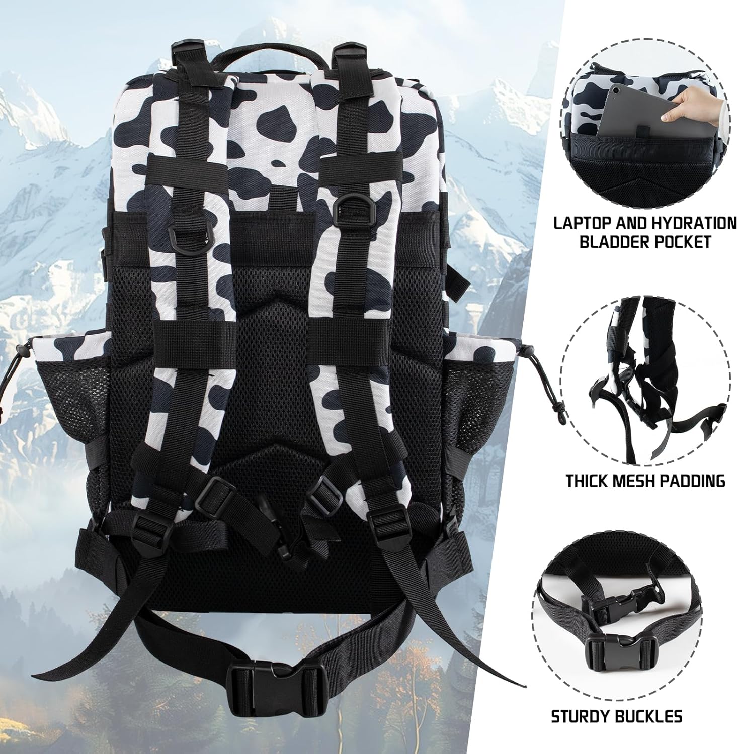 45L Military Tactical Backpack 3 Day Molle Assault Pack Large Army Bug Out Bag Rucksack Daypack for Men Outdoor Hiking Army Camping Hunting, Cow Print