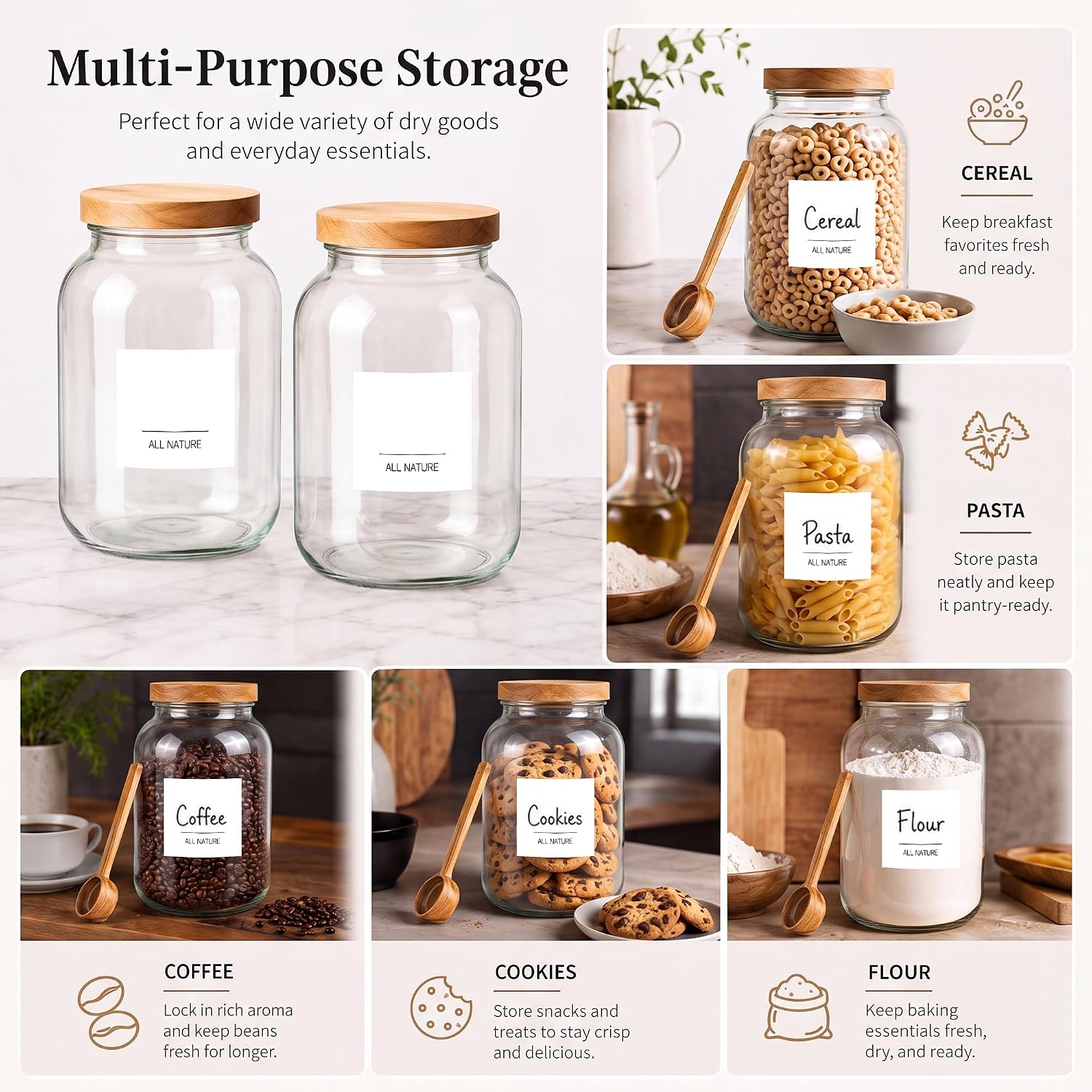 2 Pack 1 Gallon Glass Jars with Acacia Lids, Scoops and Labels