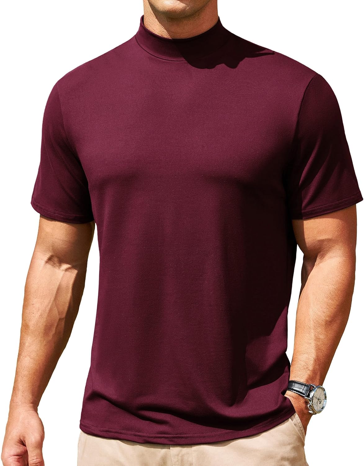 Men's Mock Turtleneck Short Sleeve Soft Lightweight Casual Basic T-Shirts Solid Pullover Tops