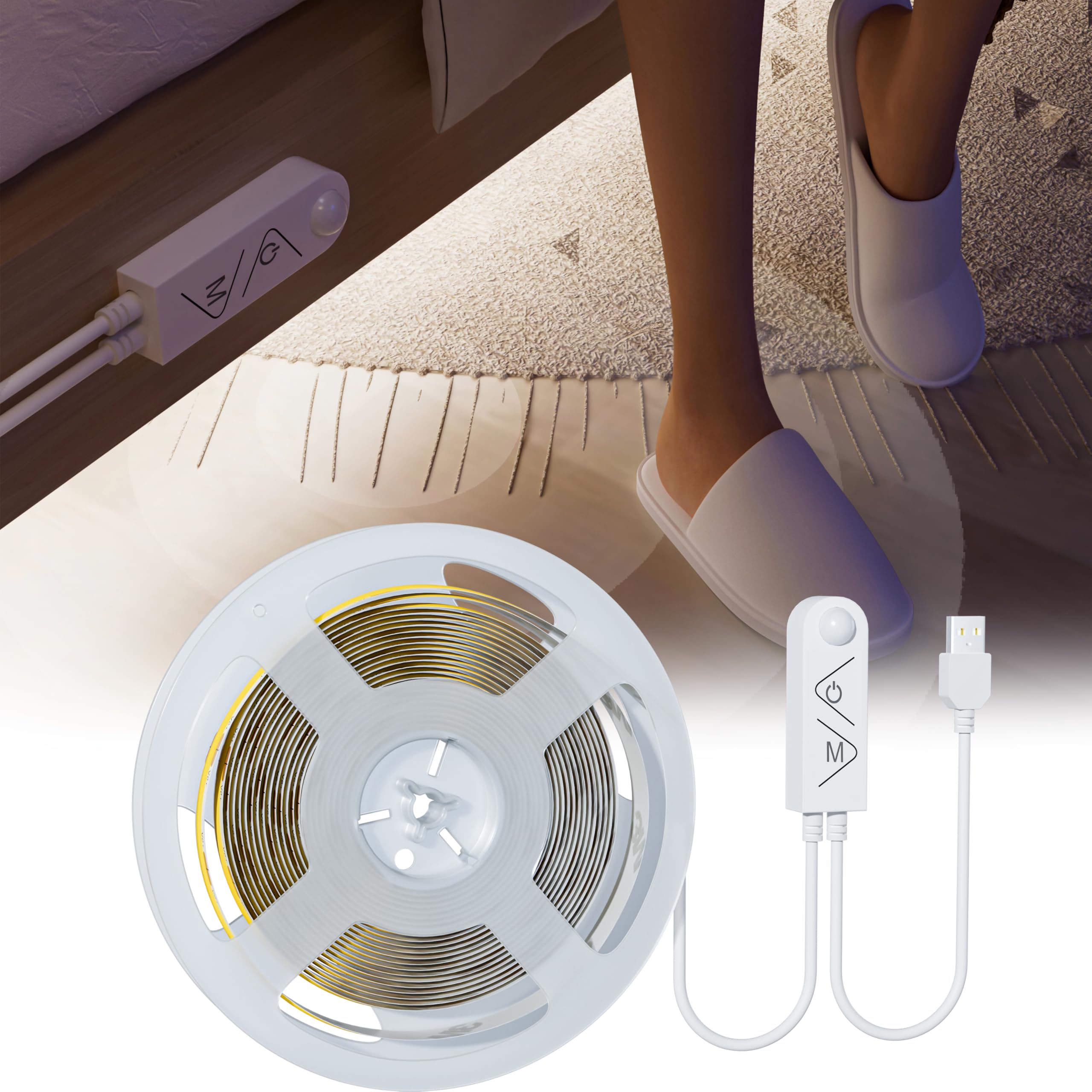 Pautix 6000K-Motion Sensor Motion Sensor Usb Cob Led Strip 3M Daylight White 6000K,5V Movement Activated Auto On/Off Led Tape,Dimmable 960Leds Bright Lights,Pir Sensing Led Strips For Stairs,Under Bed,Mirror,Cabinet