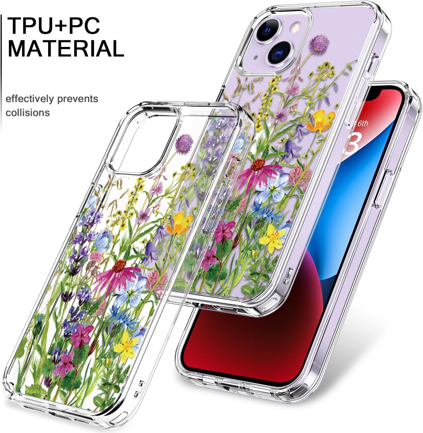 bicol for iPhone 14 Case with Screen and Camera Lens Protector - Fashionable Flower Floral Designs for Women Girls - Shockproof Acrylic Clear Phone Cover 6.1"- Blooming Flowers - Image 3