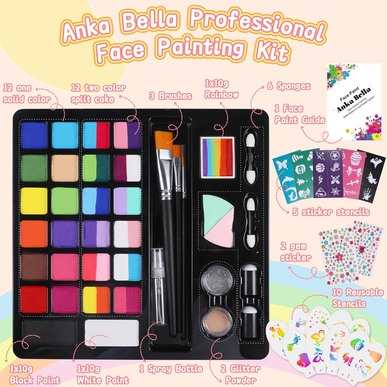 Anka Bella Professional face painting kit for kids，Hypoallergenic & Non-Toxic water based face paint include 26 split cake/1 rainbow cake,Gift for Birthday Parties/Halloween/Carnival - Image 3