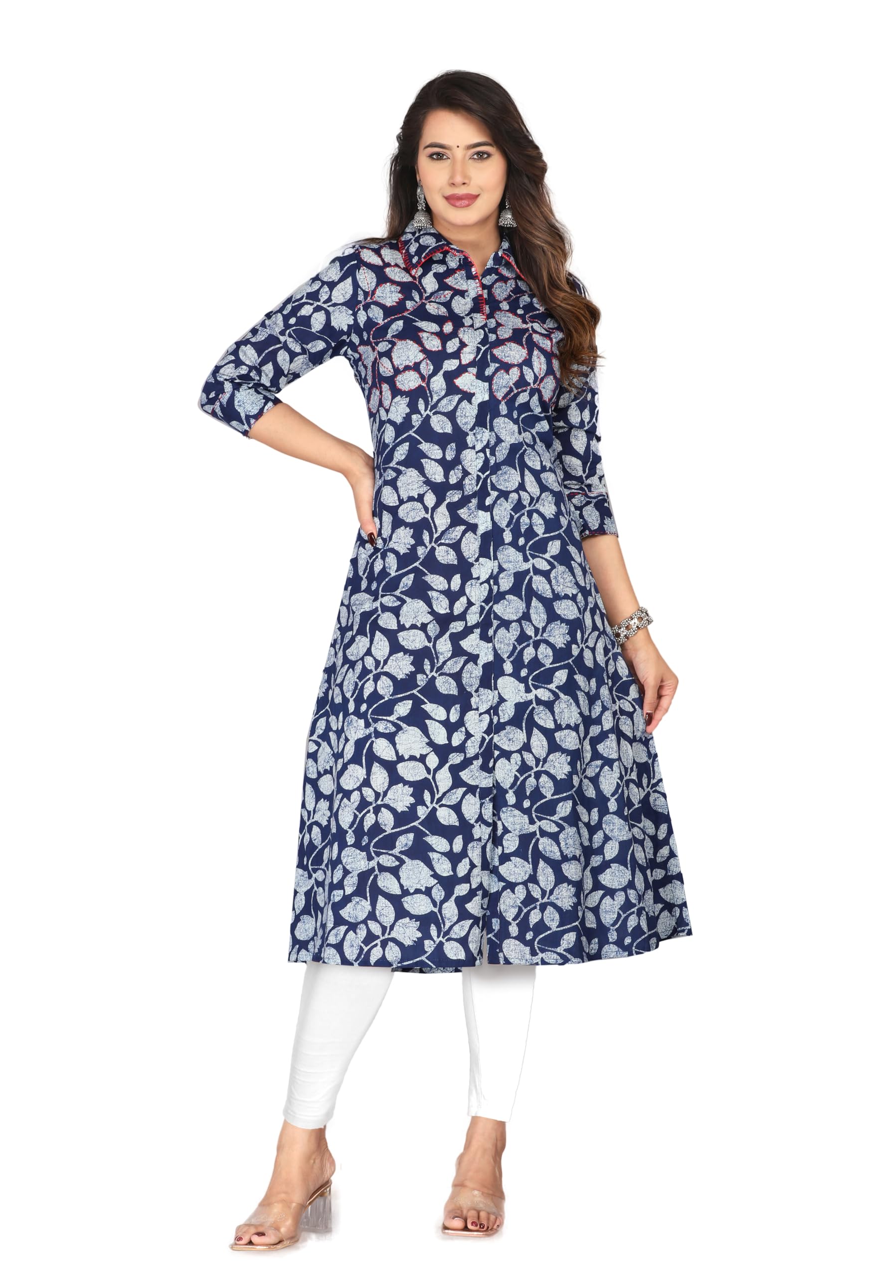 Dennis Lingo Women Pure Cotton Indigo Blue Floral Print Embroidered Straight Kurta Jaipuri in blue