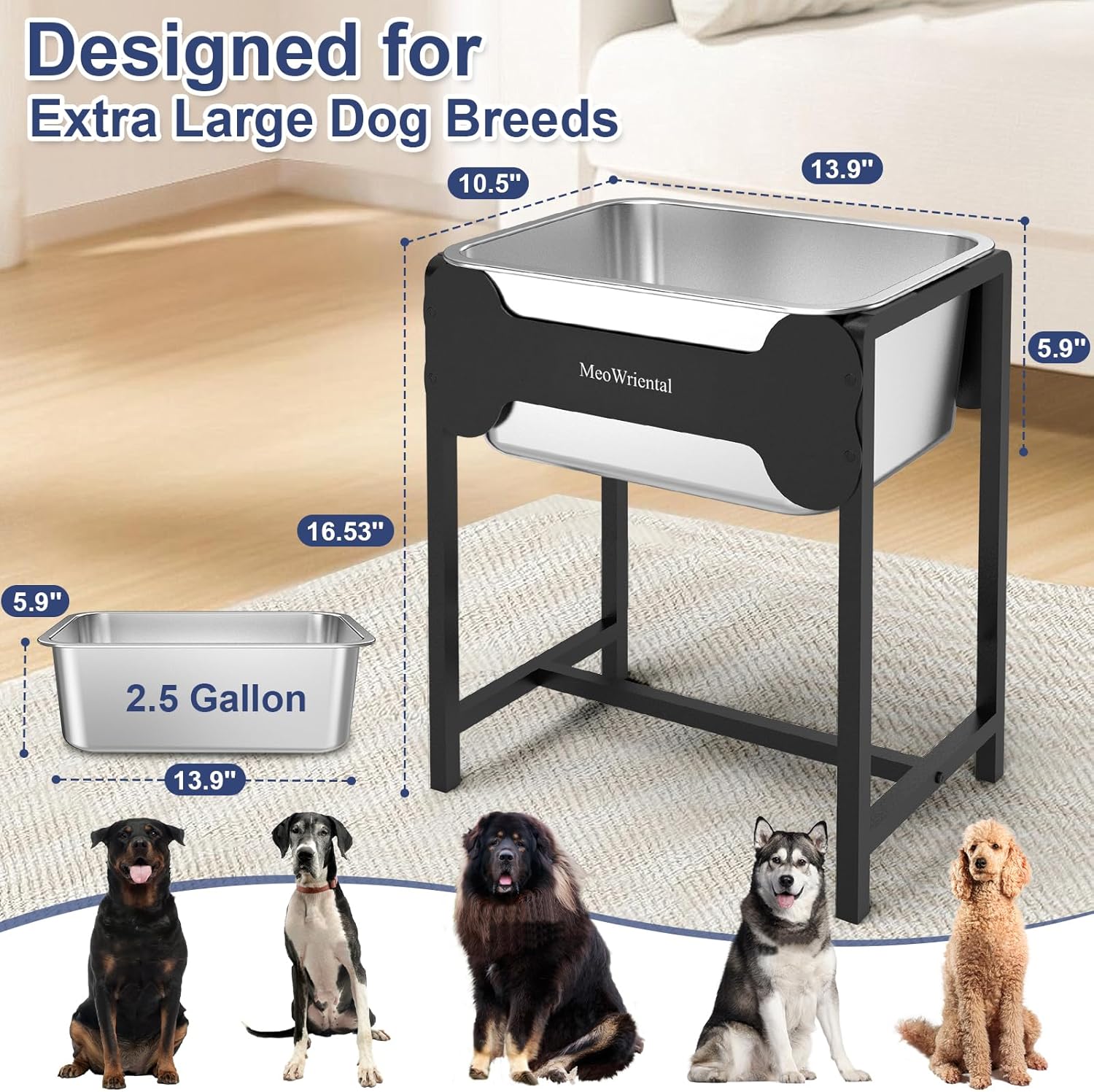 2.5 Gallon Elevated Dog Water Bowl for Large Breeds, 16.5" Tall Raised Stainless Steel Large Dog Water Bowl with Full Metal Stand for Relief Joint Pressure, Tip-Proof, Easy to Clean, Indoor & Outdoor