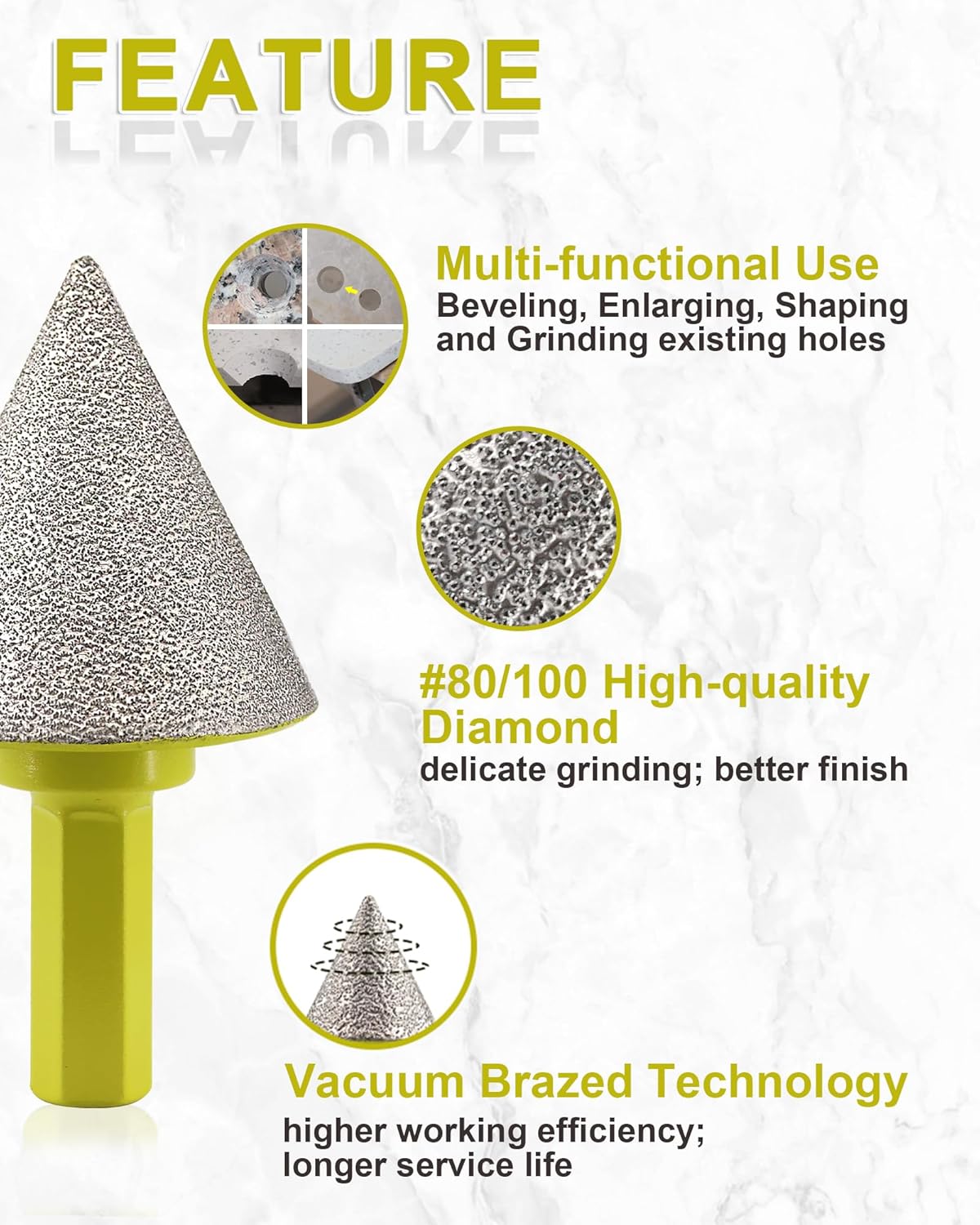 Diamond Beveling Chamfer Bits 1-3/8"(35mm) SANLEETEK Cone Tile Bits with Hex Shank for Shaping Enlarging Grinding Existing Holes in Tile Porcelain Ceramic Granite Marble