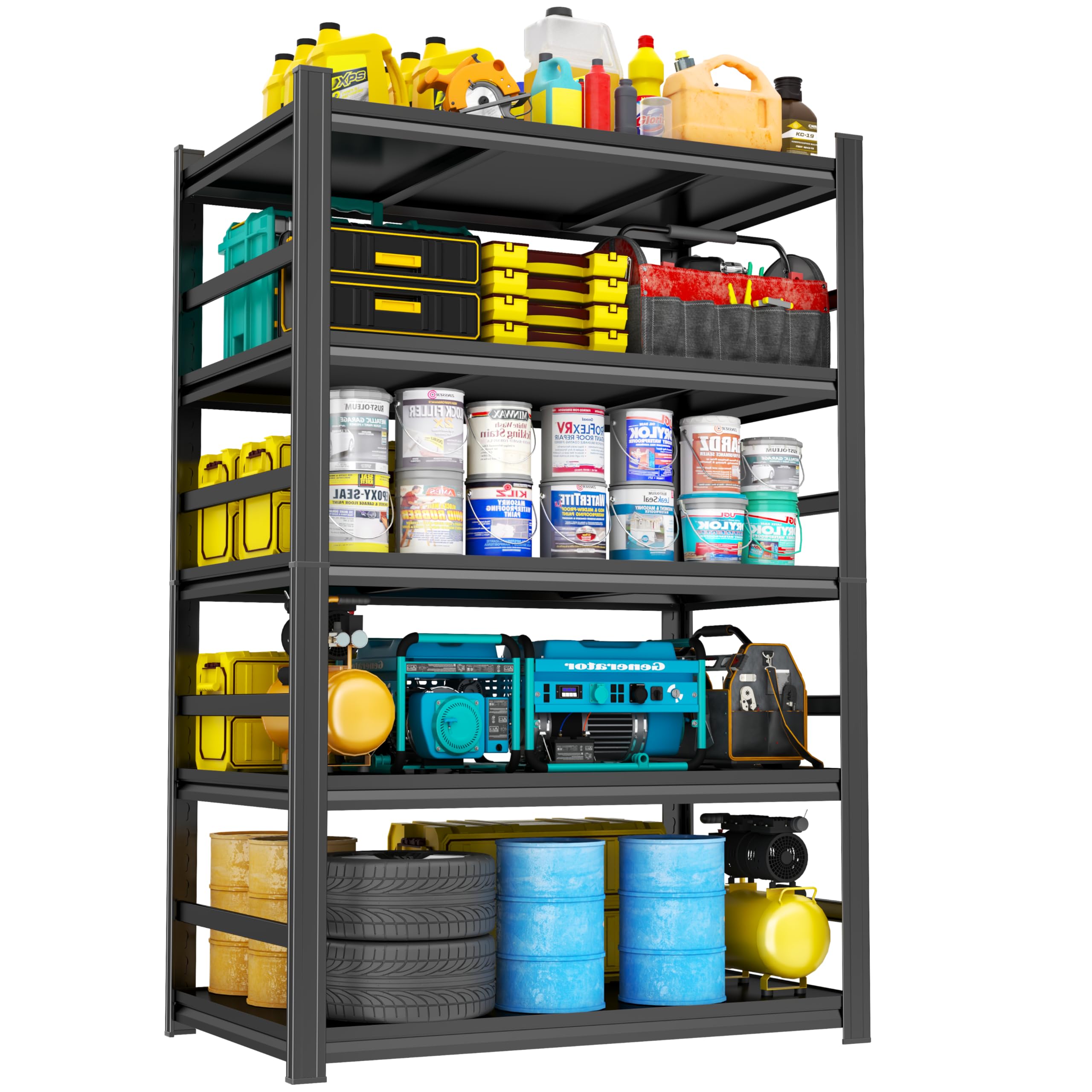 Heavy Duty Metal Garage Shelving Unit, 5 - Tier Adjustable Large Storage Shelves, 3000LBS for Garage &amp; Basement and Pantry Industrial Steel Rack, Ideal for Tool Organization &amp; Storage, Black, 72"H