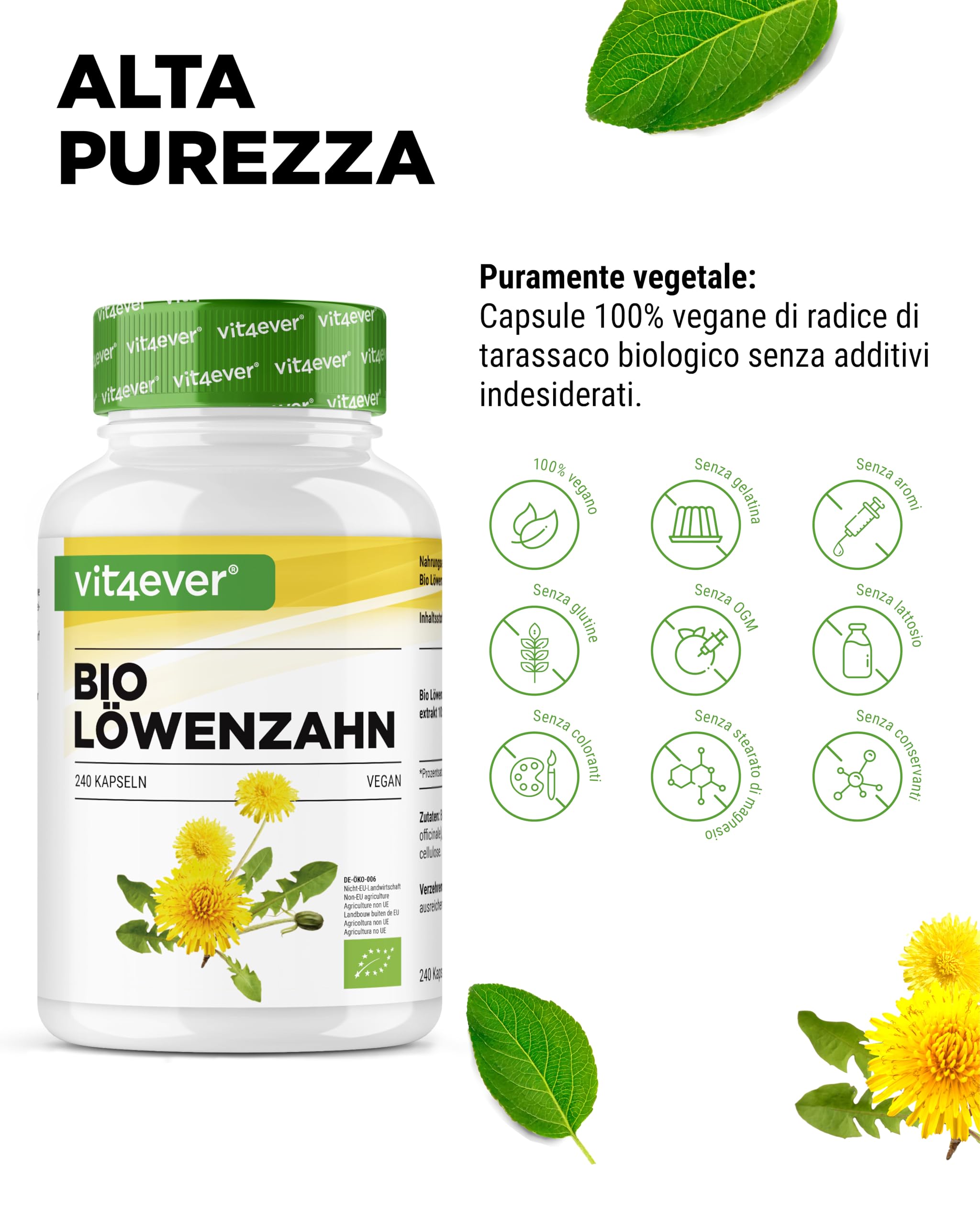 Tarassaco biologico - 240 capsule - 1500 mg di estratto di radice di tarassaco - Rapporto 10:1 altamente dosato - Vero estratto di Taraxacum officinale - Senza additivi - Vegan