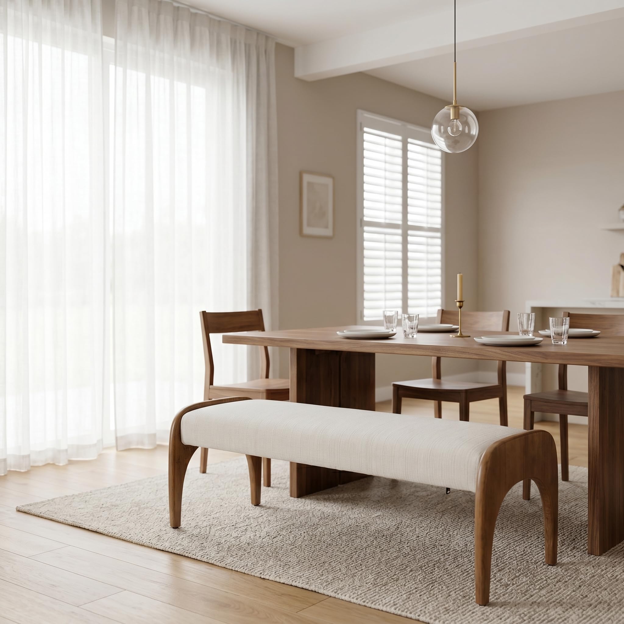 LukeAlon 51-Inch Upholstered Bench, Beige Fur Fabric | Extra Long, Solid Walnut Rubber Wood Legs, Minimalist Bed End Bench, For Bedroom, Living Room, Dining Table, Entryway Hallway