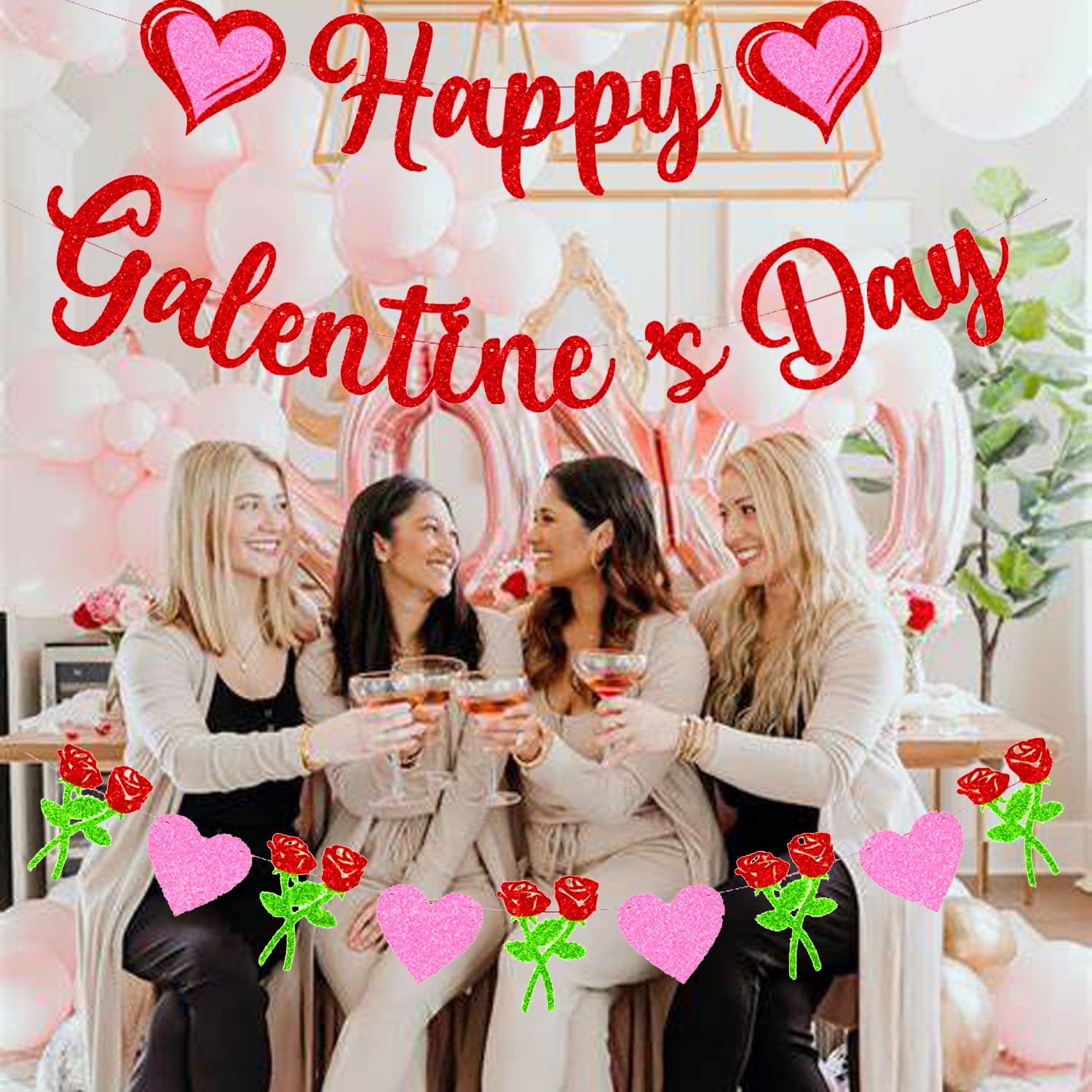 Red Glittery 'Happy Galentine's Day' Banner & Heart Garland - 10 Ft, No DIY Needed, Party Decorations