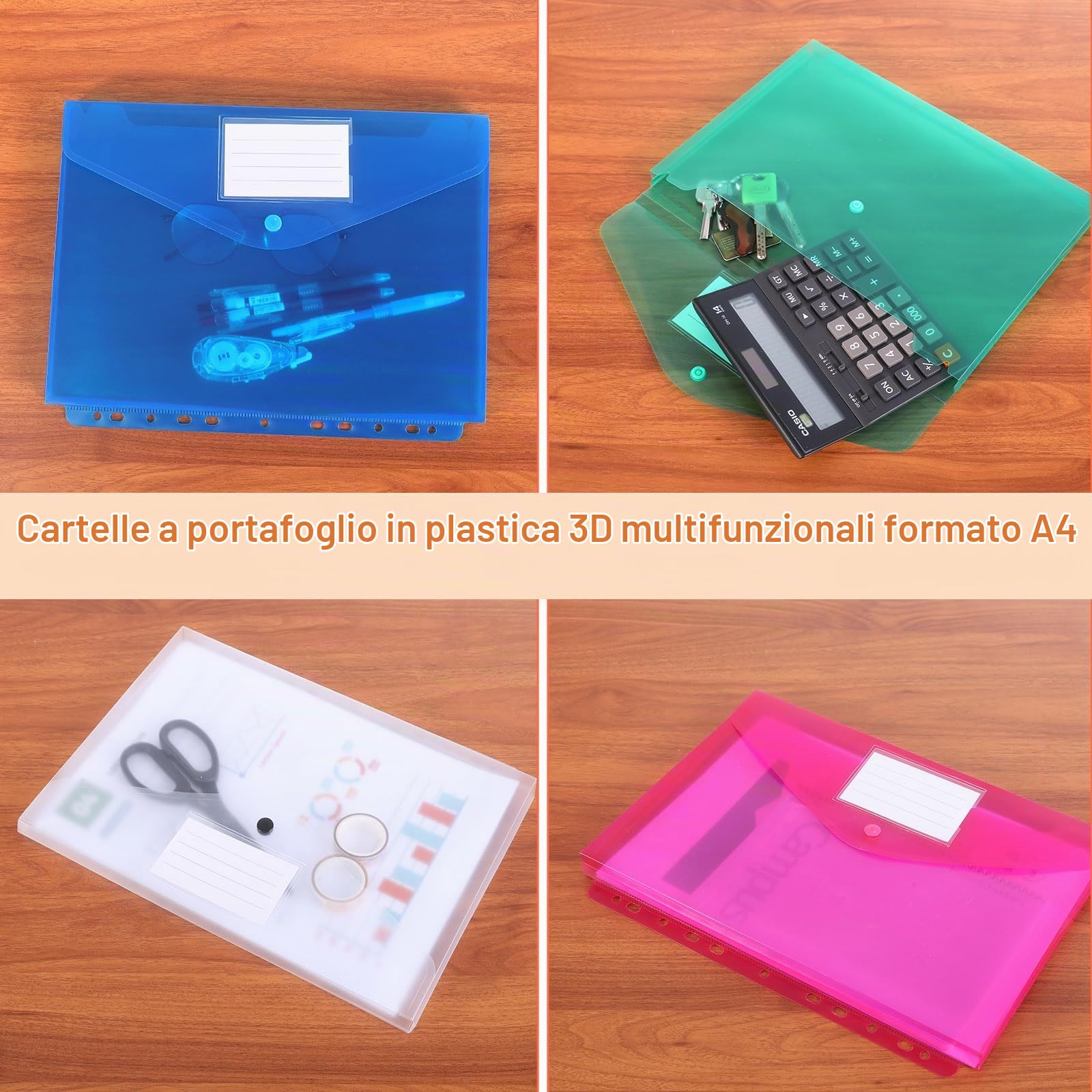 DATEFUN Cartellina Portadocumenti A4 Tridimensionale 20 Pezzi, Buste Trasparenti A4, Busta Portadocumenti con Apertura a Busta e Bottone per Casa Ufficio Scuola (Bianco)