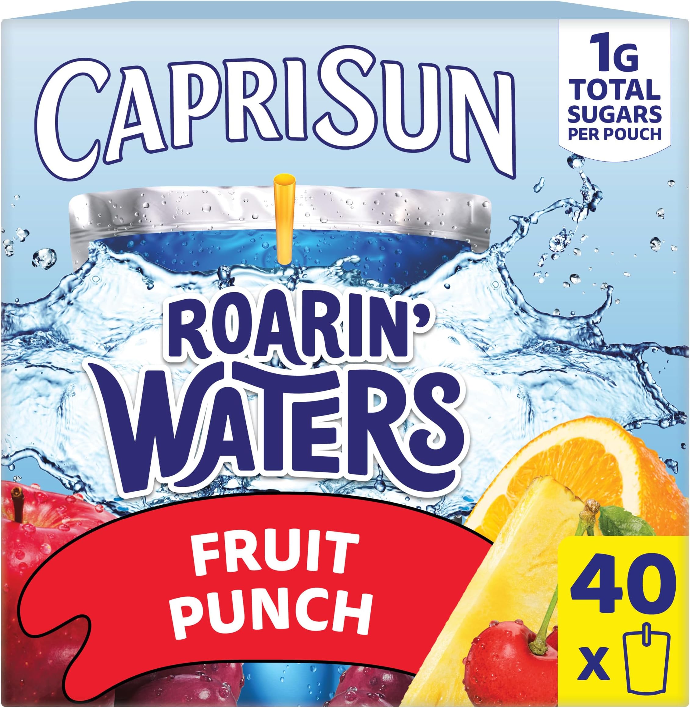 Roarin' Waters Flavored Water Beverage, 40 Pouches, for School Lunches and On-the-Go Hydration, Fruit Punch Natural Flavor with Other Natural Flavor, All Natural Ingredients, 6 oz