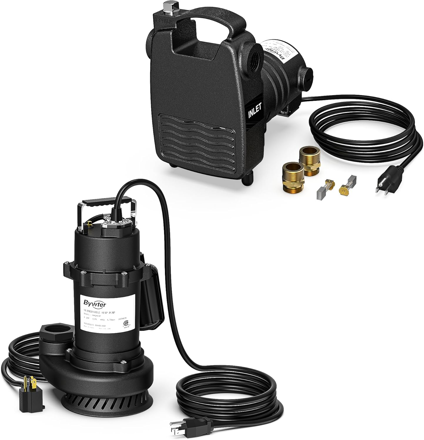 1/2 HP Portable Transfer with Brass Fittings+ 1/2 HP Submersible Sump with Float Switch, Cast Iron Set for Basement, Irrigation, and Draining