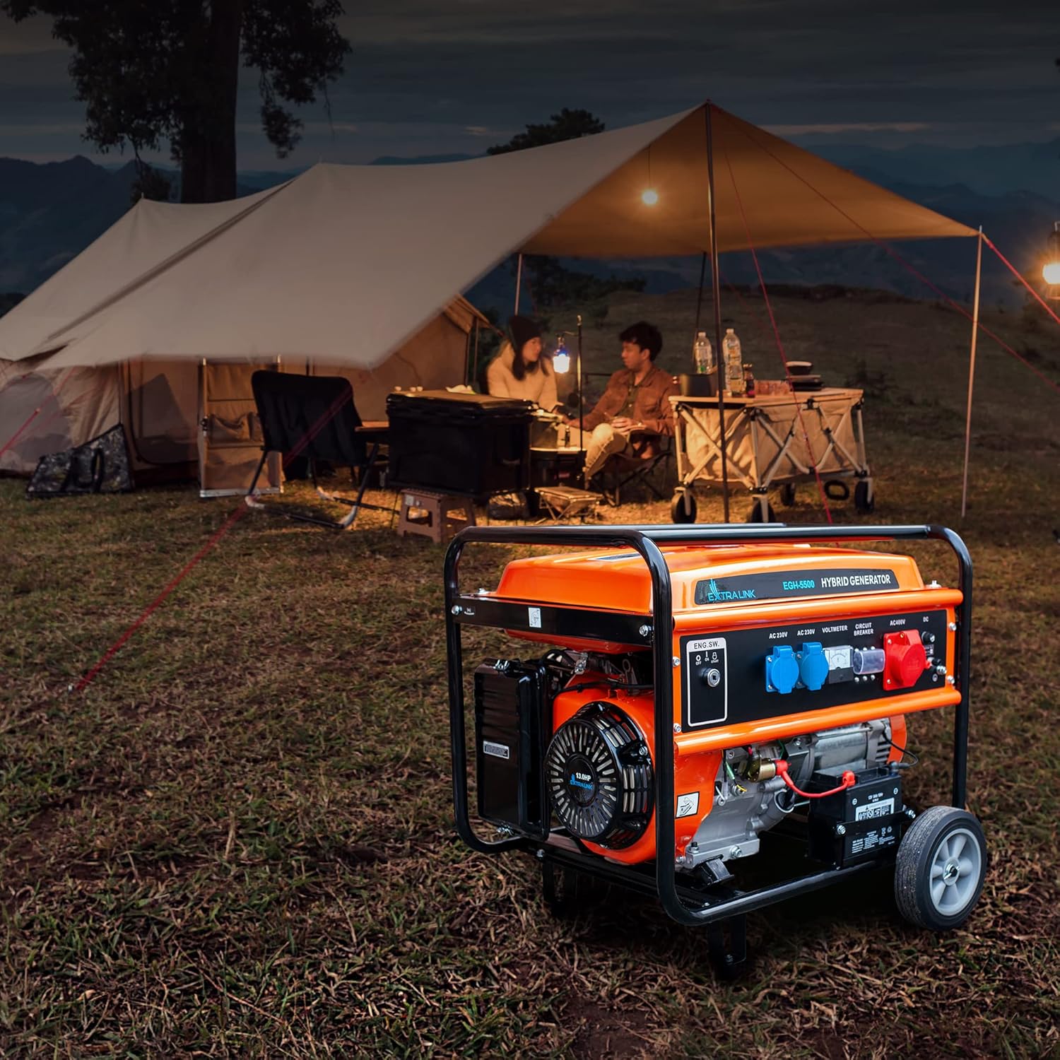 Collage of various applications for the EXTRALINK EGH-5500 generator, including construction sites, camping, and home use