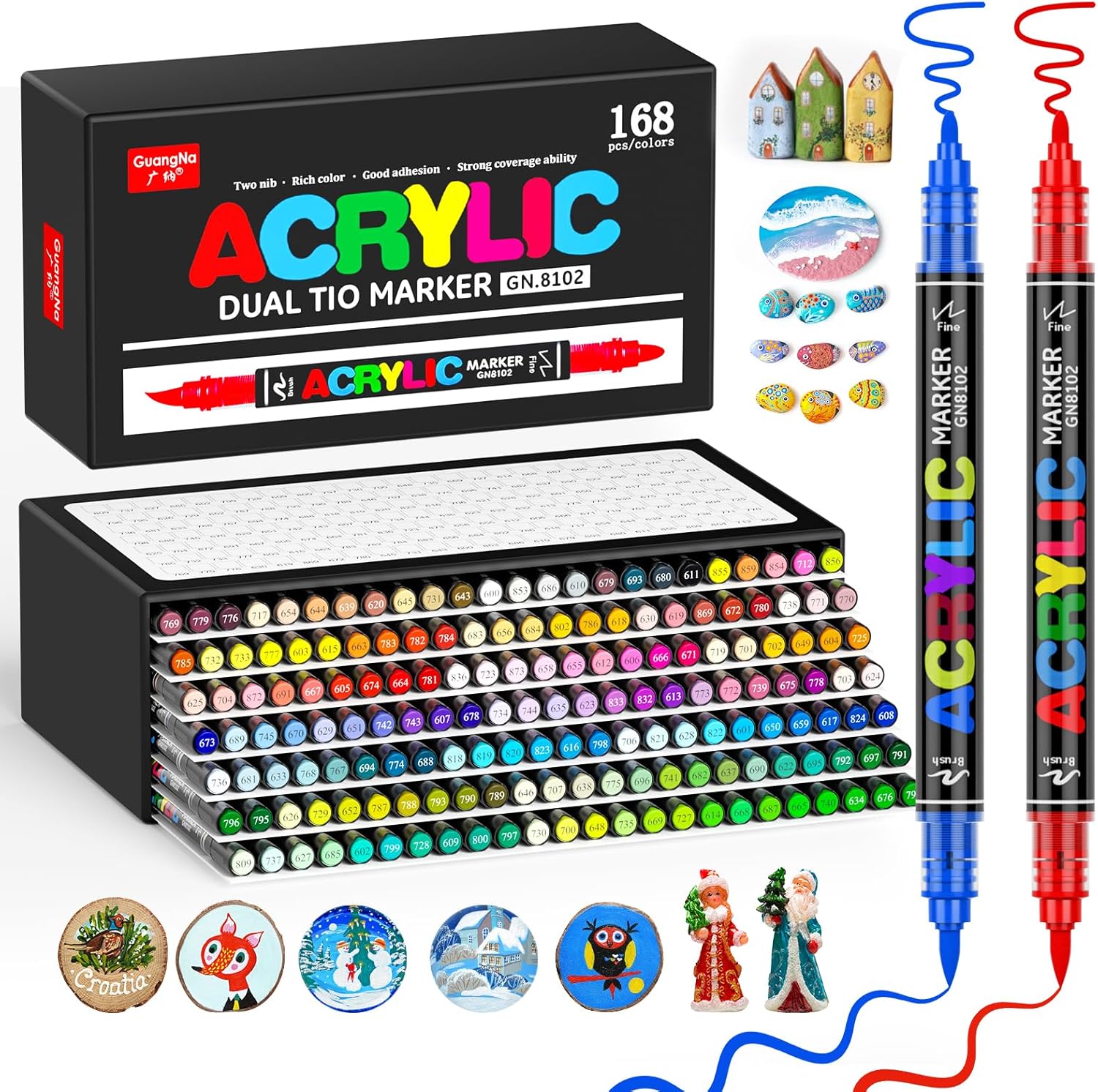 DICEKOO 168 Colors Acrylic Paint Markers Dual Tip, Fine and Brush Tips Pens with Large Pure Ink Cartridges, Non-Bleed and Waterproof, Quick-Drying, Lightfast, for Rock Painting, Canvas, Wood, Egg