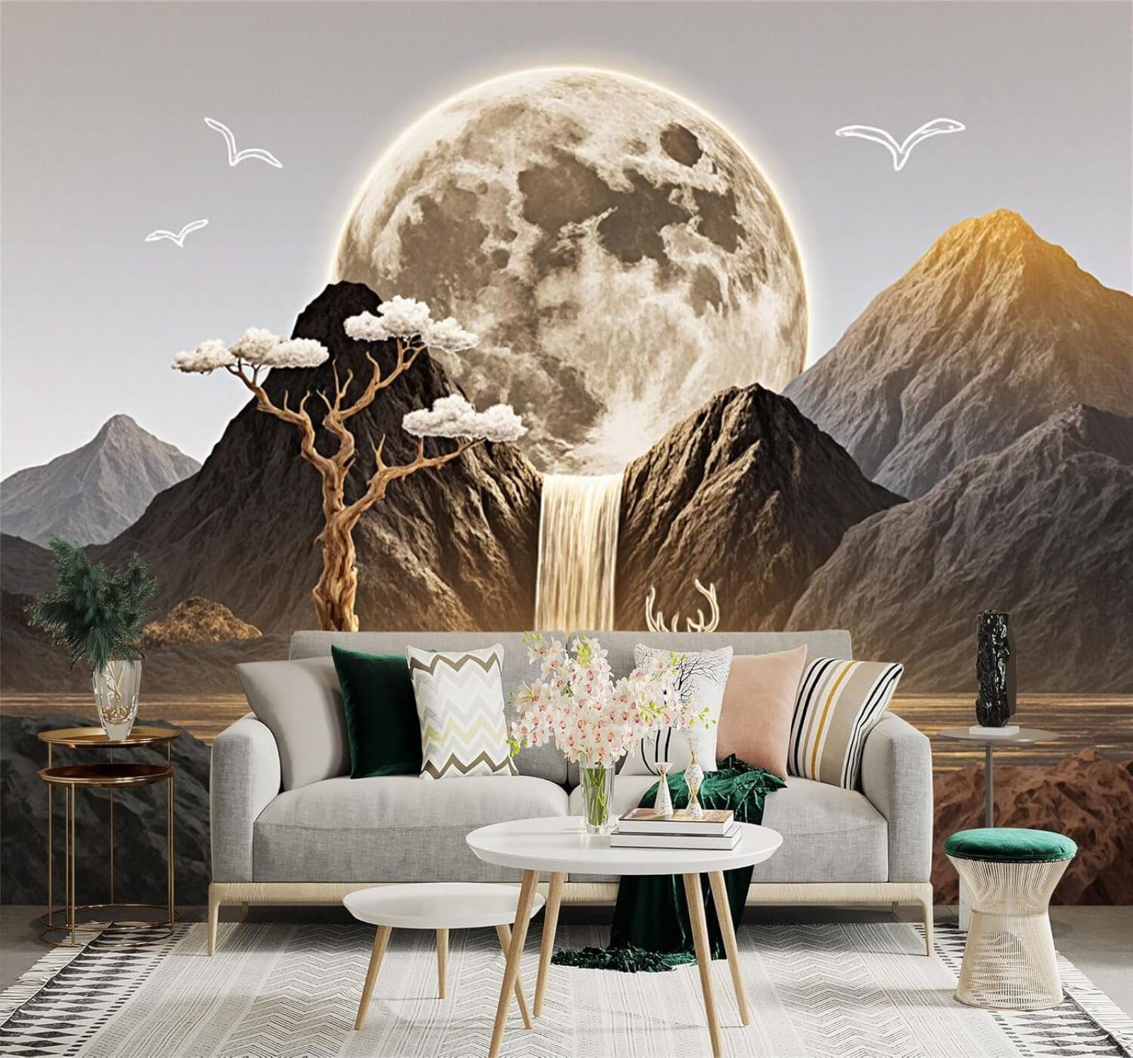 XLMING Golden Moon Waterfall Elk Mountain Scenery 3D Wallpaper Premium Textured Silk Study Dining Living Room Bedroom Sofa TV Wall Easy Install-250cm×170cm