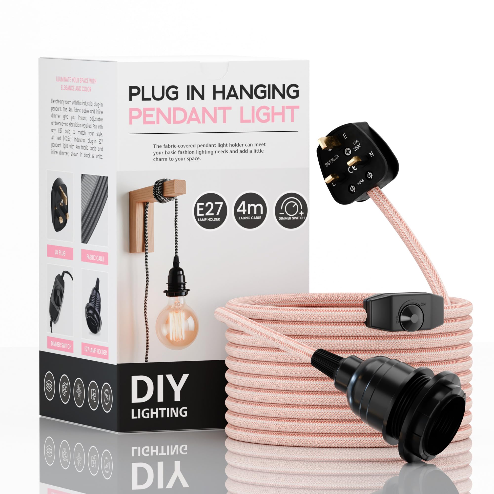LEDSone Industrial Hanging Pendant Light with Plug-in, E27 Suspended Lamp Holder, 4m Fabric Flexible Cable with Dimmer Switch for Ceiling Hanging Lights (Rose gold)