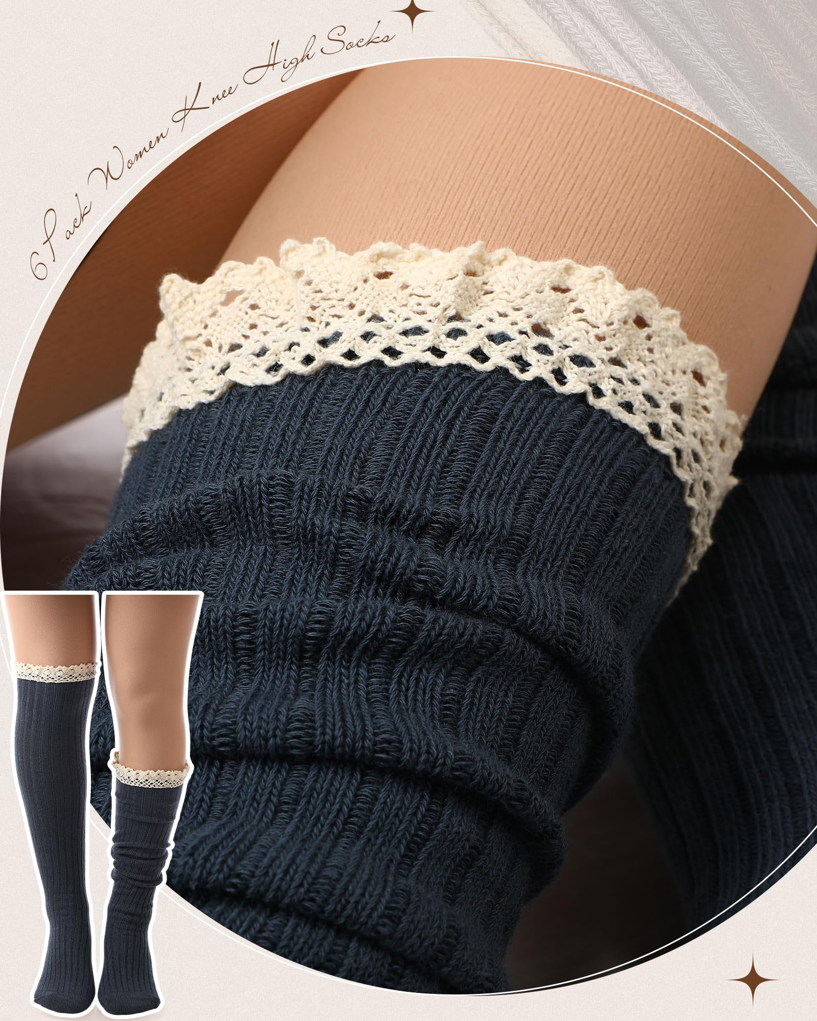 Syhood Paquete de 6 calcetines de punto de algodón para mujer, calcetines altos hasta la rodilla con ribete de encaje, calcetines de encaje, calcetines altos para botas por encima de la rodilla,