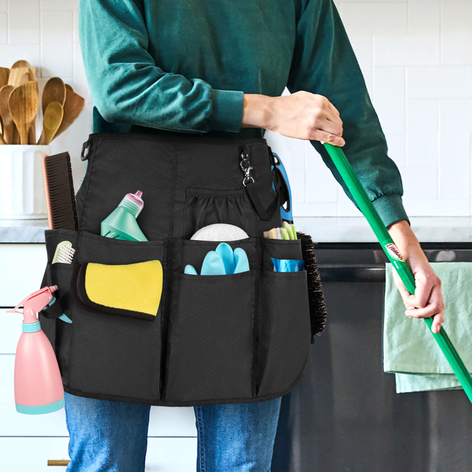 LoDrid Tablier de nettoyage professionnel, tabliers de nettoyage résistants à l'eau avec 9 poches et ceinture à boucle réglable pour les travaux de nettoyage de la maison, de l'hôtel