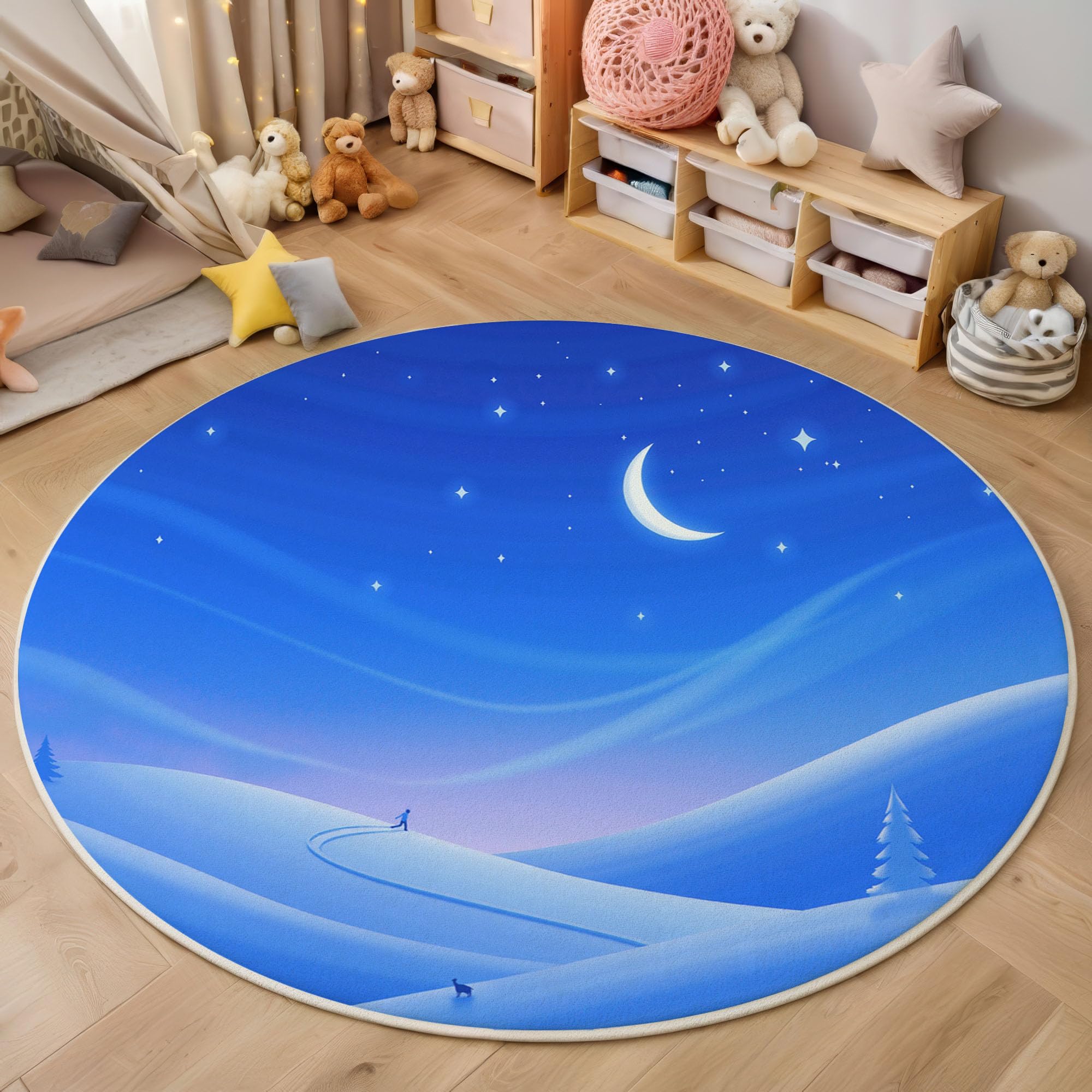 Tapis Rond pour Enfant - Scène de Neige au Clair de Lune Style Hivernal- Redonda antideslizante Lavable Sala de juegos pour Salon Chambres à Coucher - Bleu - 160cm